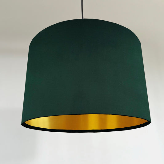 Green velvet drum lampshade/ ceiling shade with a metallic brushed gold lining