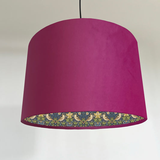 Hot Pink velvet drum lampshade/ ceiling light shade with navy strawberry thief cotton interior