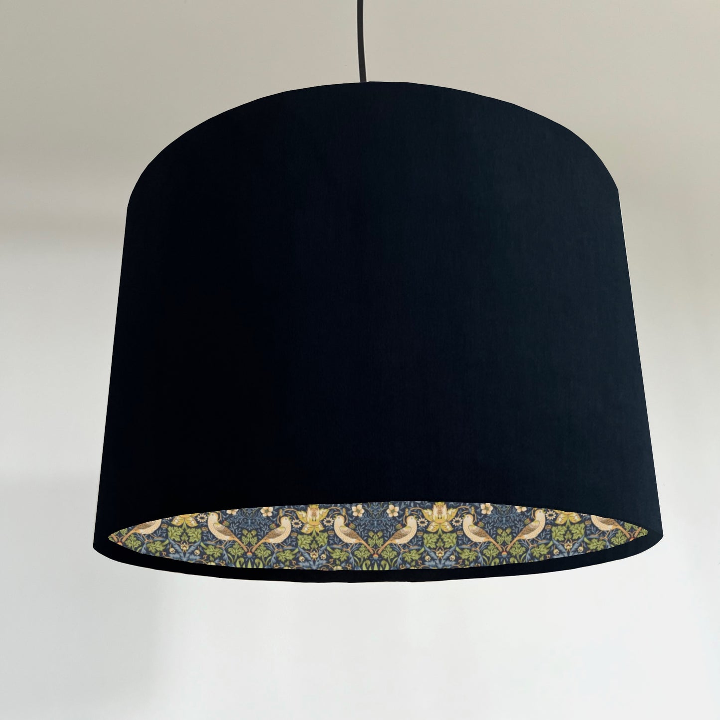 Black velvet drum lampshade, double sided lampshade, with navy strawberry thief cotton interior