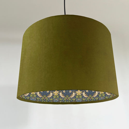 Olive green velvet drum lampshade, double sided lampshade, with navy strawberry thief cotton interior
