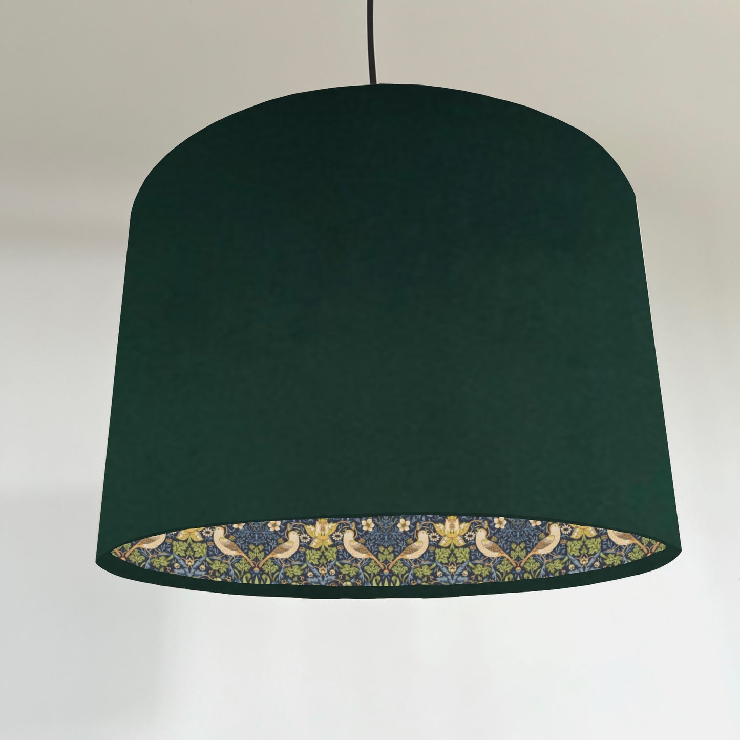 Green velvet drum lampshade, double sided lampshade, with navy strawberry thief cotton interior