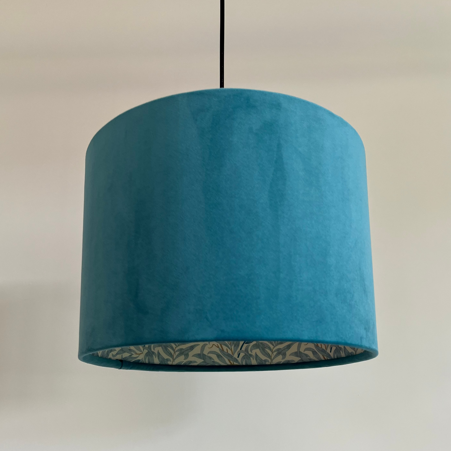 Teal Velvet & William Morris Blue Willow Leaves Double Sided Drum Lampshade | Handmade Ceiling Light Shade | Bespoke UK