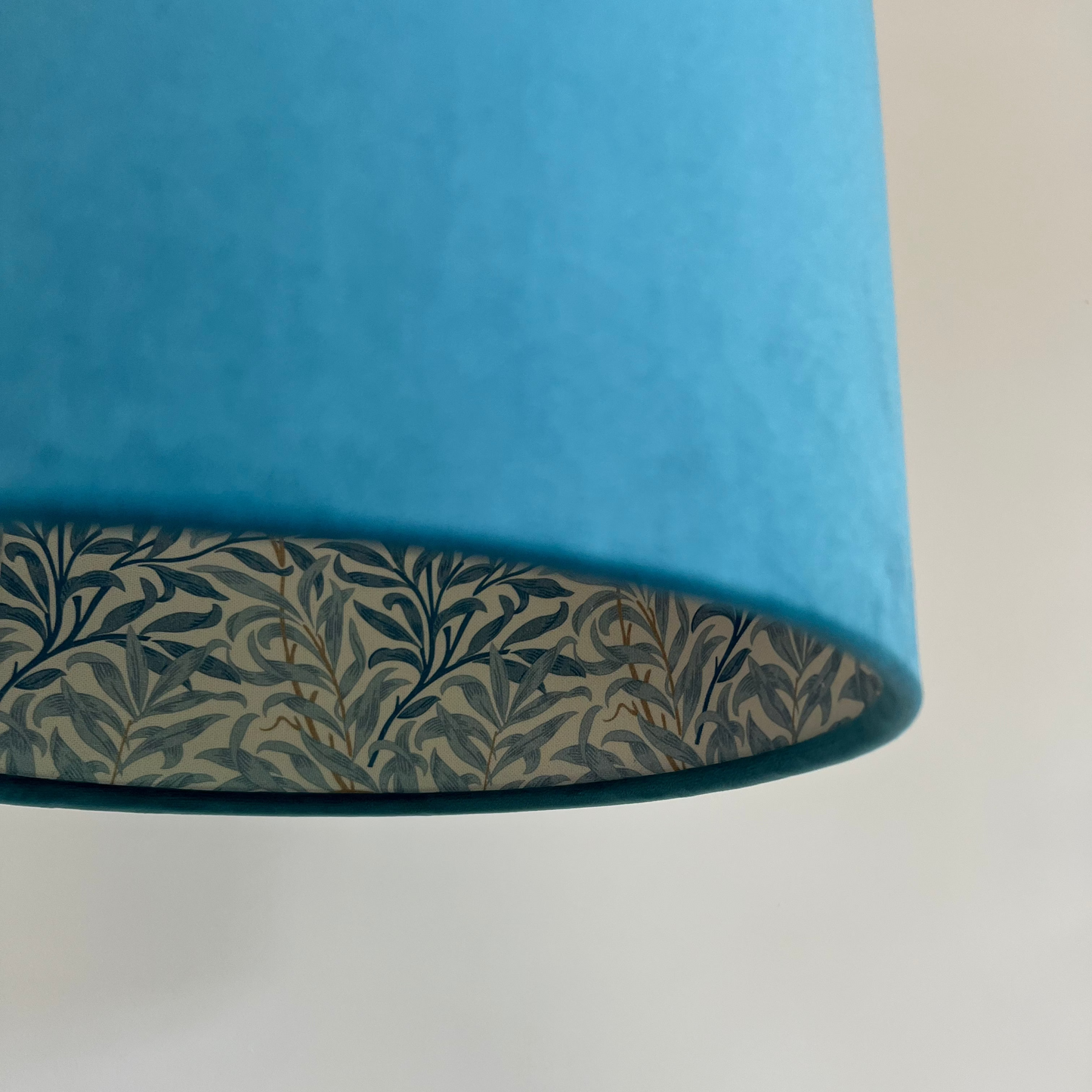 Teal Velvet & William Morris Blue Willow Leaves Double Sided Drum Lampshade | Handmade Ceiling Light Shade | Bespoke UK