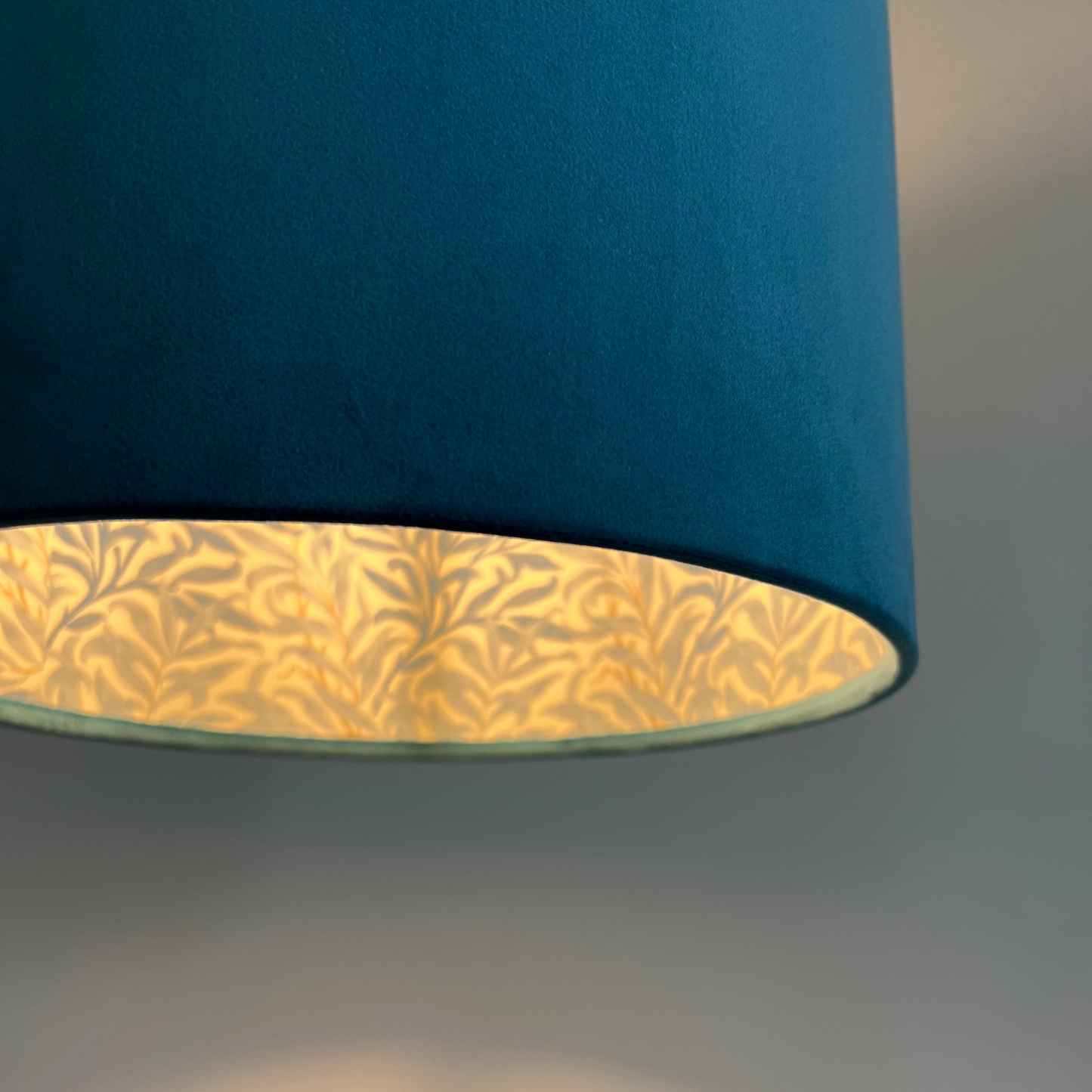 Teal Velvet & William Morris Blue Willow Leaves Double Sided Drum Lampshade | Handmade Ceiling Light Shade | Bespoke UK
