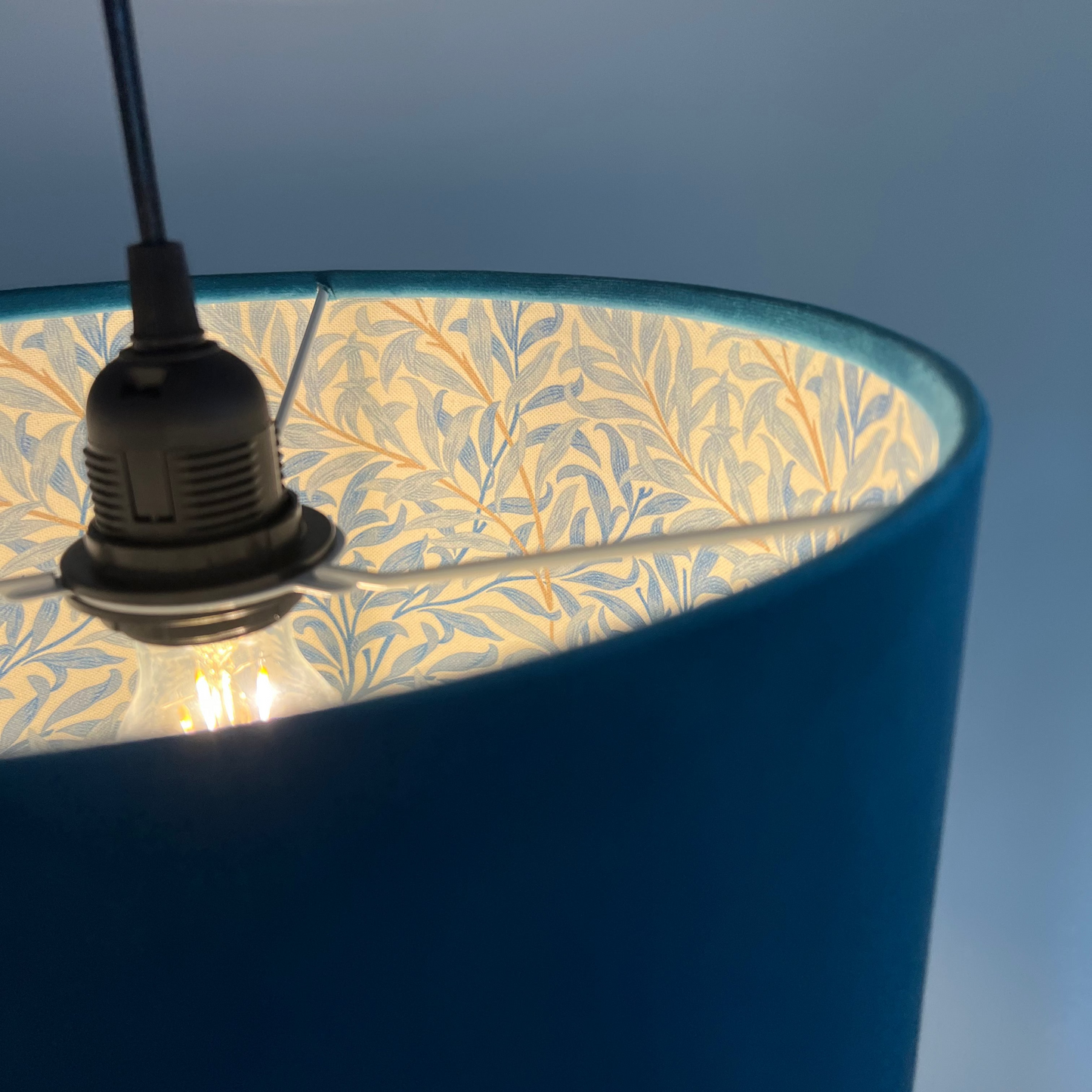 Teal Velvet & William Morris Blue Willow Leaves Double Sided Drum Lampshade | Handmade Ceiling Light Shade | Bespoke UK