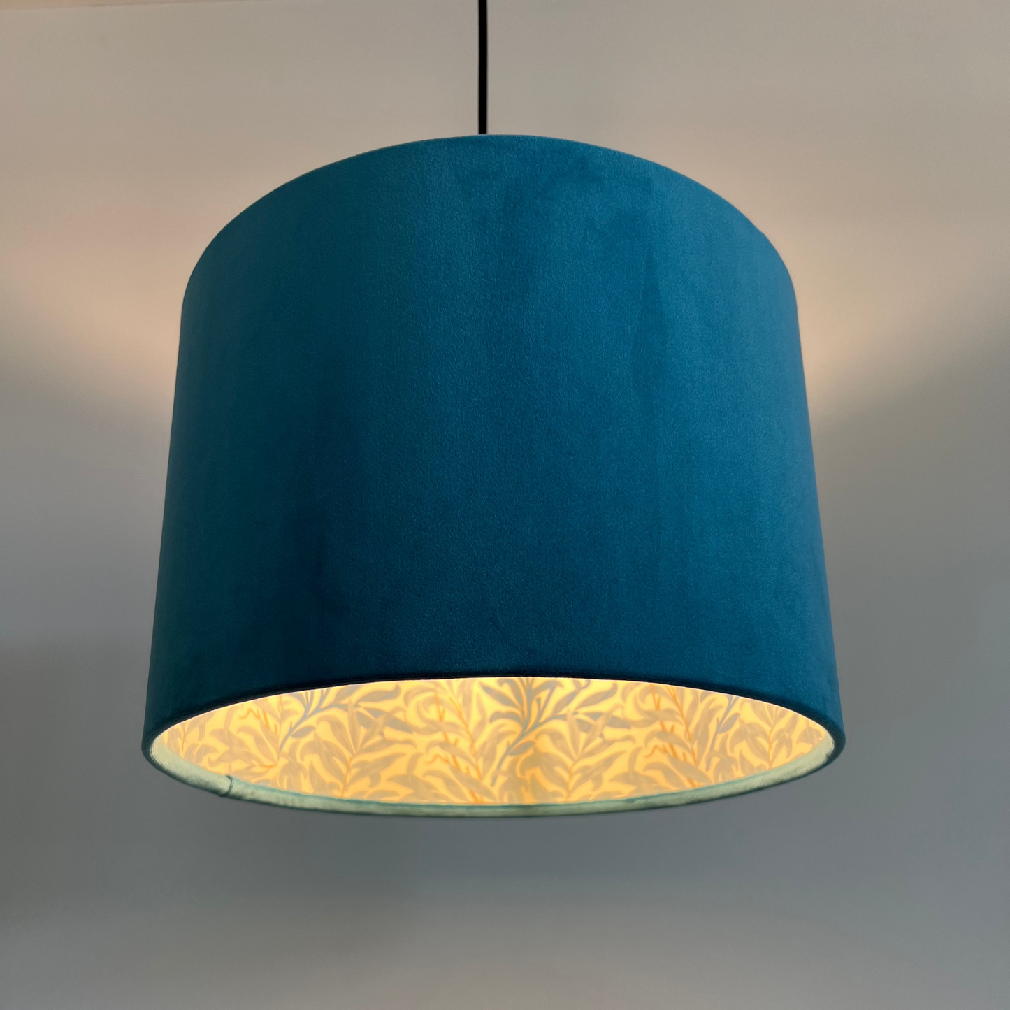 Teal Velvet & William Morris Blue Willow Leaves Double Sided Drum Lampshade | Handmade Ceiling Light Shade | Bespoke UK