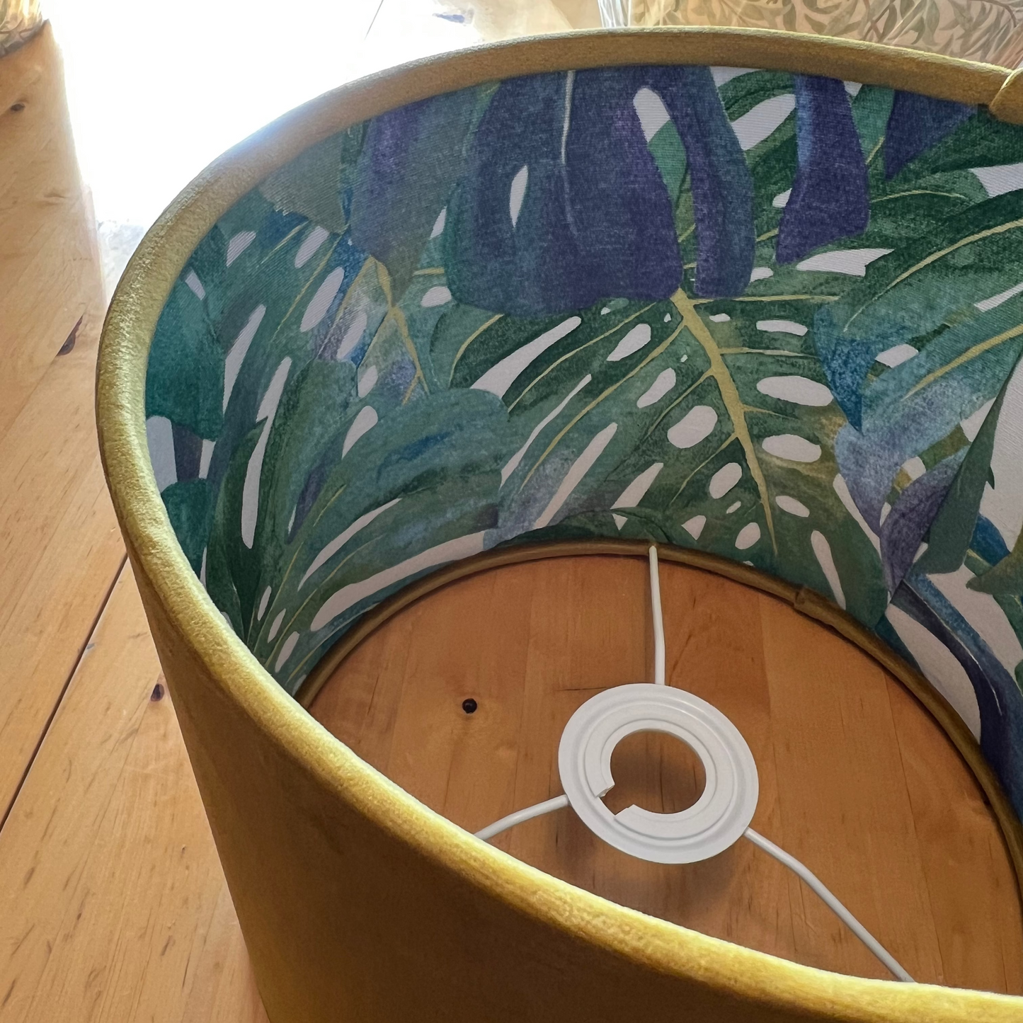 Mustard Velvet & Leaves Double Sided Drum Lampshade | Handmade Ceiling Light Shade | Bespoke UK