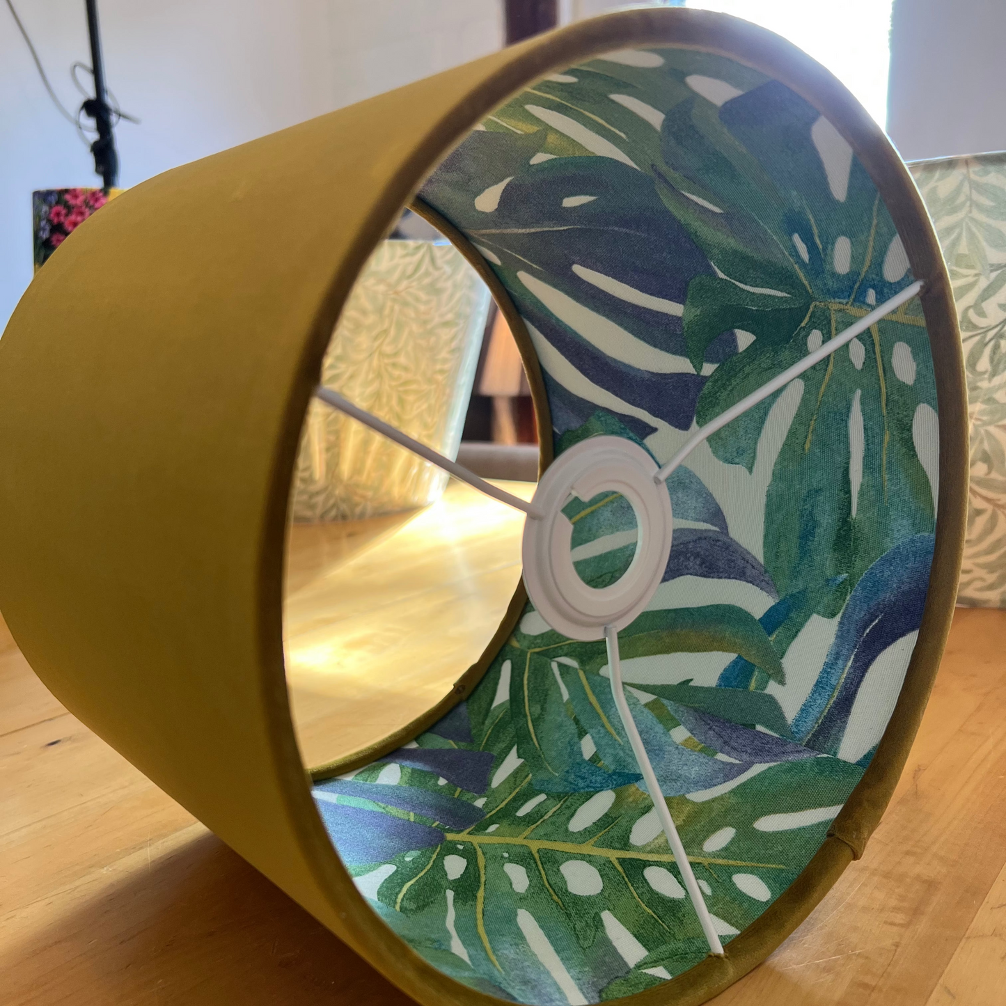 Mustard Velvet & Leaves Double Sided Drum Lampshade | Handmade Ceiling Light Shade | Bespoke UK