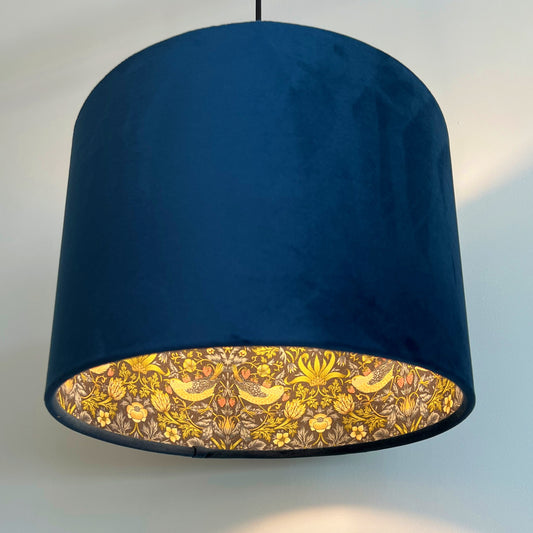 Navy Velvet & Navy Strawberry Thief Double Sided Drum Lampshade | Handmade Ceiling Light Shade | Bespoke UK