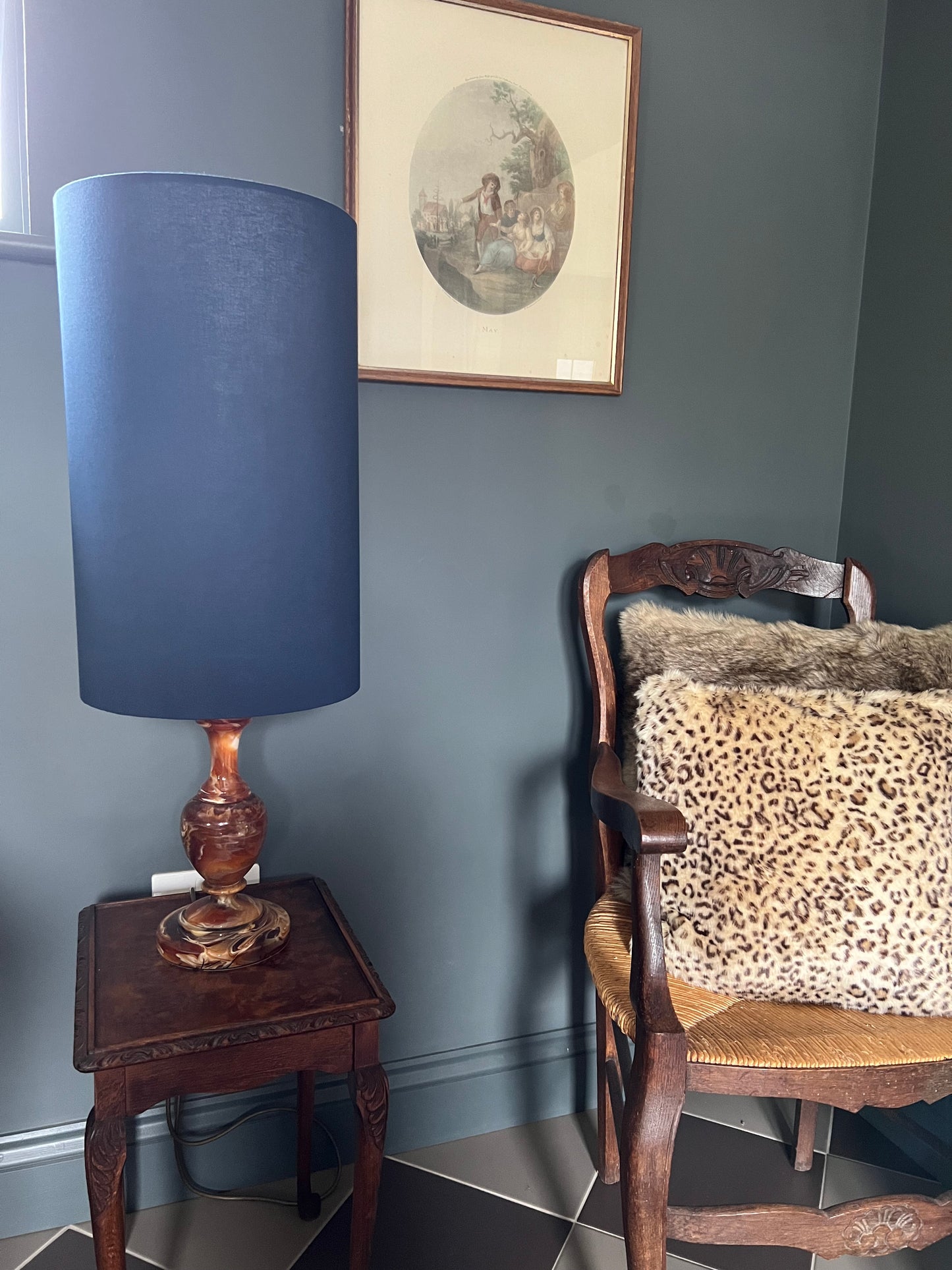 Navy cotton cylinder lampshade, extra tall lampshade