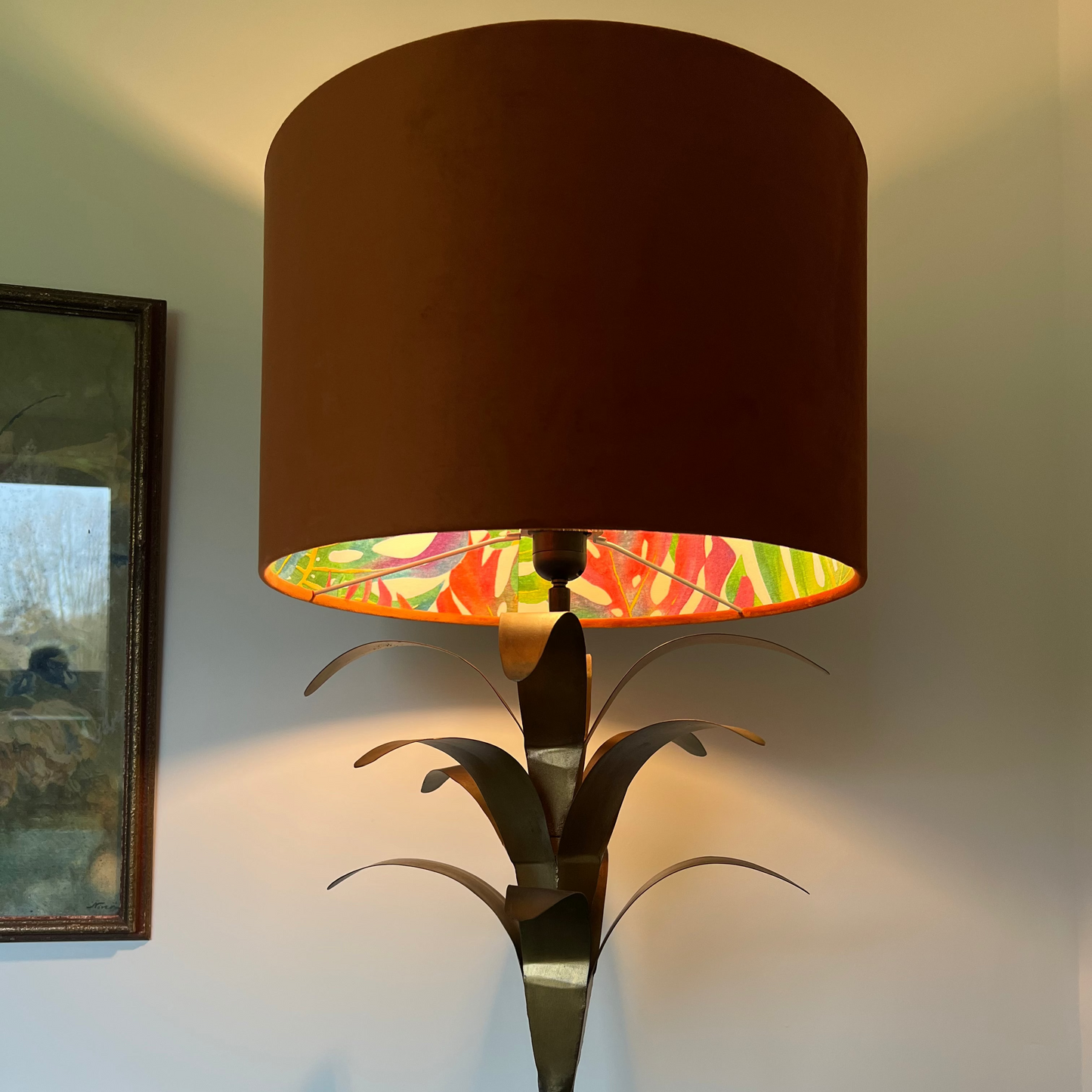 Burnt Orange Velvet & Multicoloured Leaves Double Sided Drum Lampshade | Handmade Ceiling Light Shade | Bespoke UK