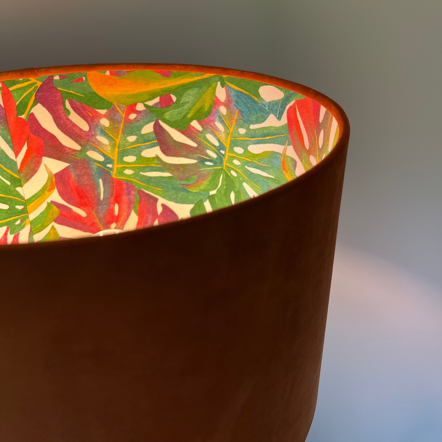 Burnt Orange Velvet & Multicoloured Leaves Double Sided Drum Lampshade | Handmade Ceiling Light Shade | Bespoke UK