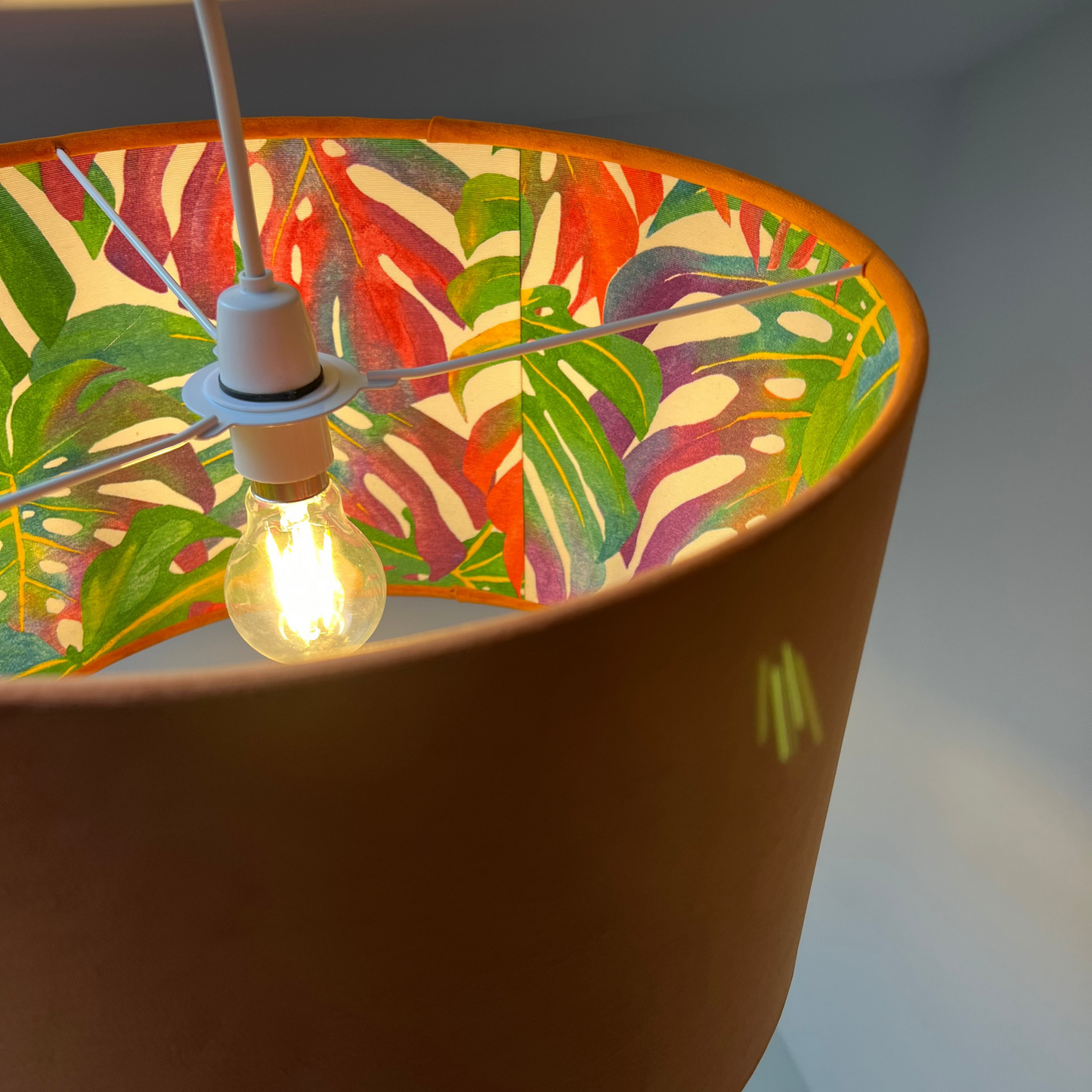 Burnt Orange Velvet & Multicoloured Leaves Double Sided Drum Lampshade | Handmade Ceiling Light Shade | Bespoke UK