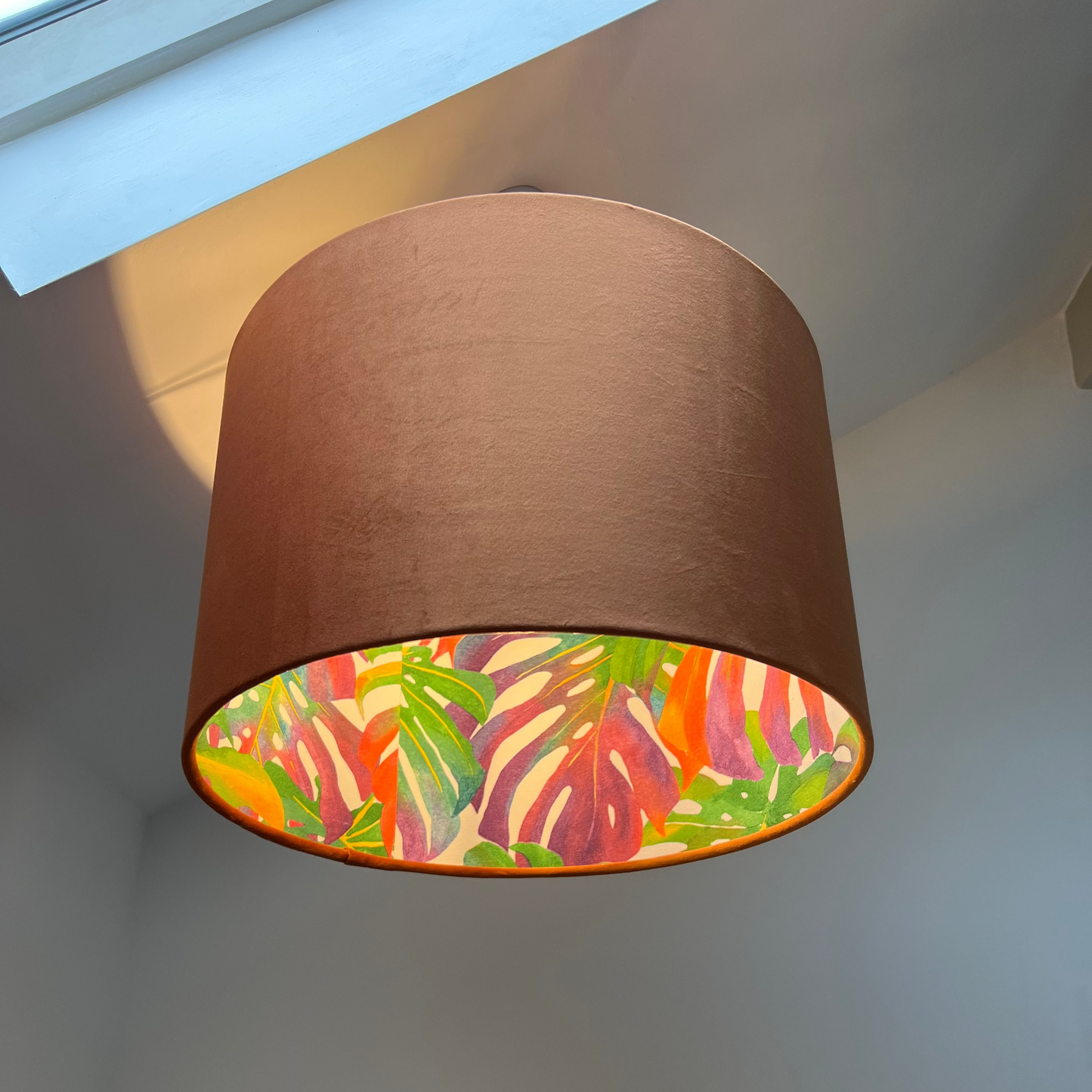 Velvet & Multicoloured Leaves Double Sided Drum Lampshade | Handmade Ceiling Light Shade | Bespoke UK