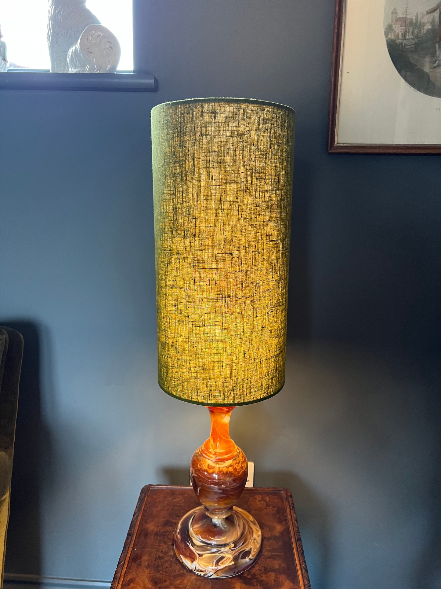 Olive linen cylinder lampshade, extra tall lampshade