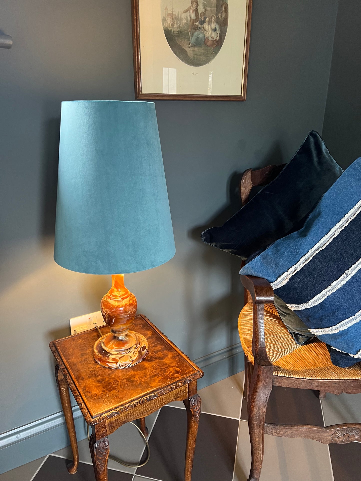 Teal blue Velvet cone lampshade, extra tall lampshade