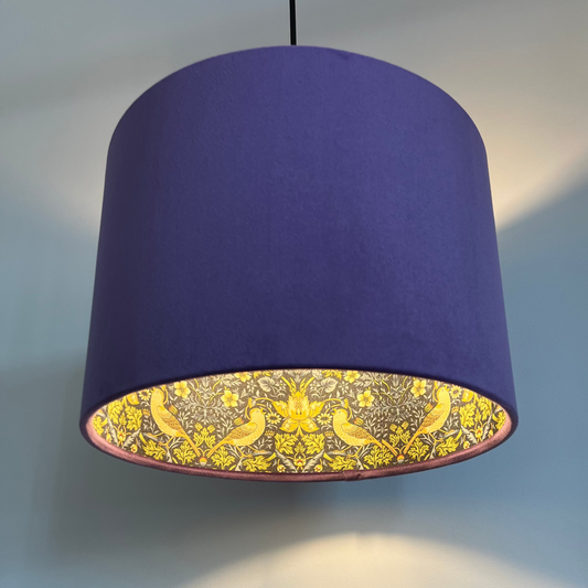 Purple Velvet & Navy Strawberry Thief Double Sided Drum Lampshade | Handmade Ceiling Light Shade | Bespoke UK