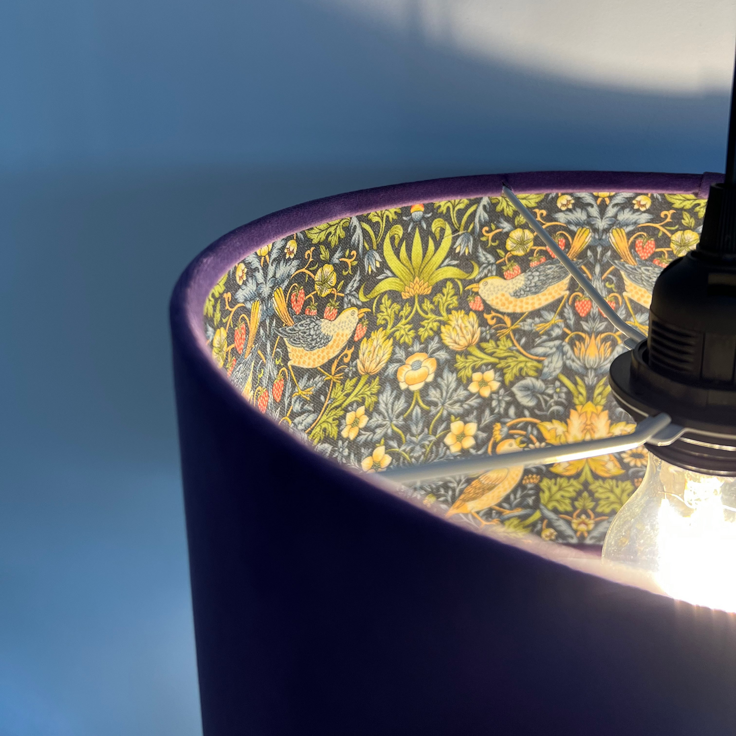 Purple Velvet & Navy Strawberry Thief Double Sided Drum Lampshade | Handmade Ceiling Light Shade | Bespoke UK