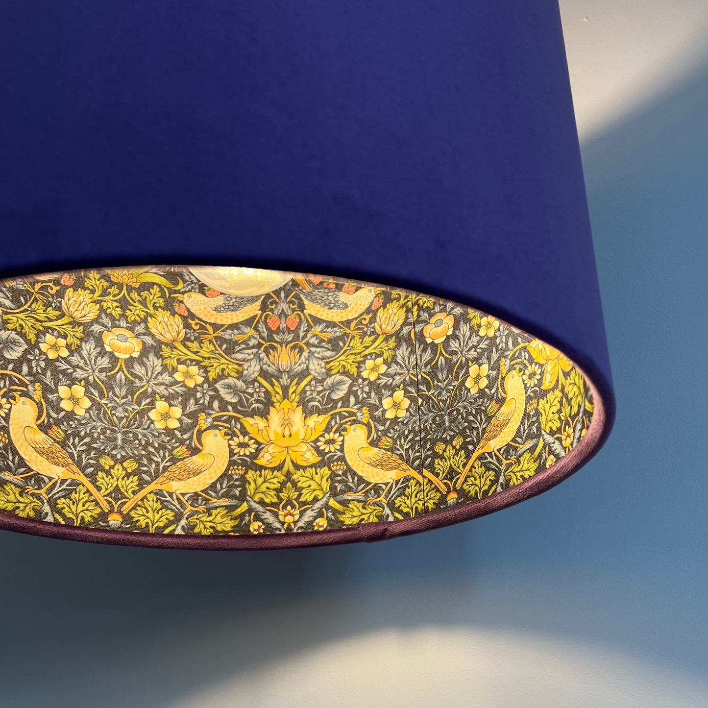 Purple Velvet & Navy Strawberry Thief Double Sided Drum Lampshade | Handmade Ceiling Light Shade | Bespoke UK