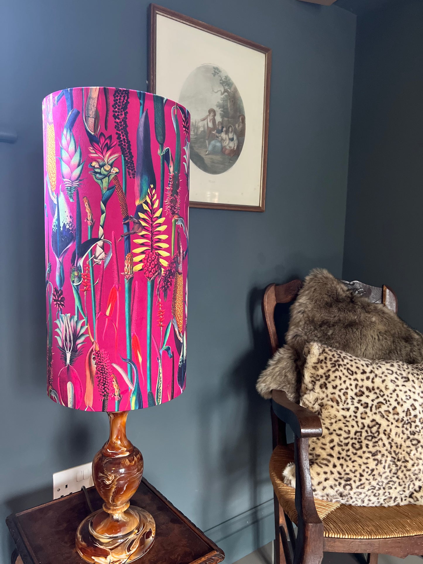 Botanical Cerise pink velvet cylinder lampshade, extra tall lampshade