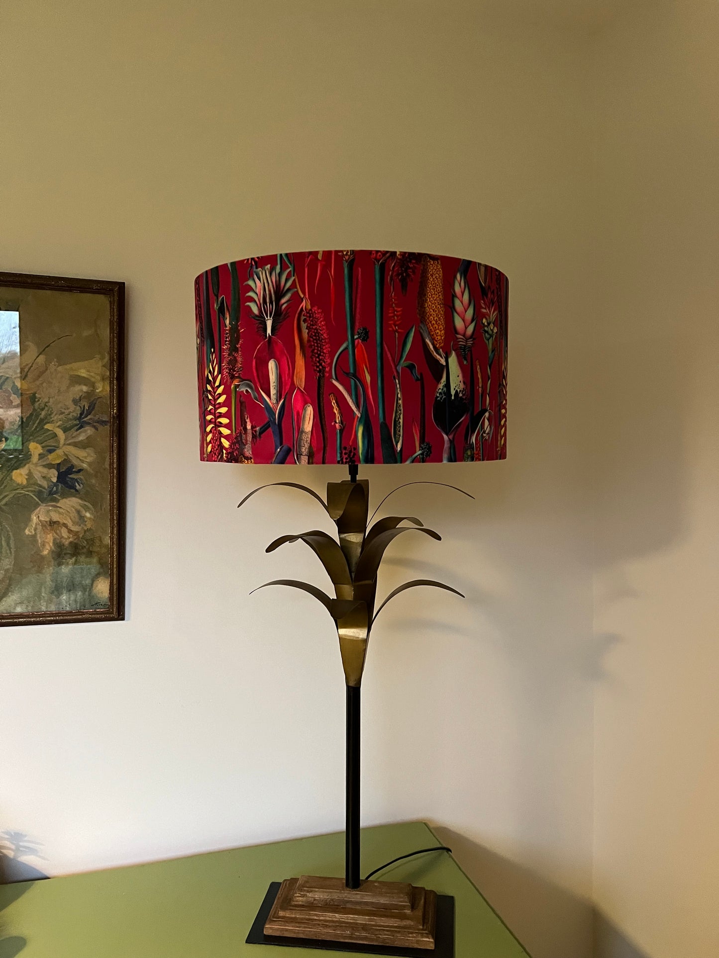 Cerise pink botanical velvet drum lampshade / ceiling shade, with a white lining