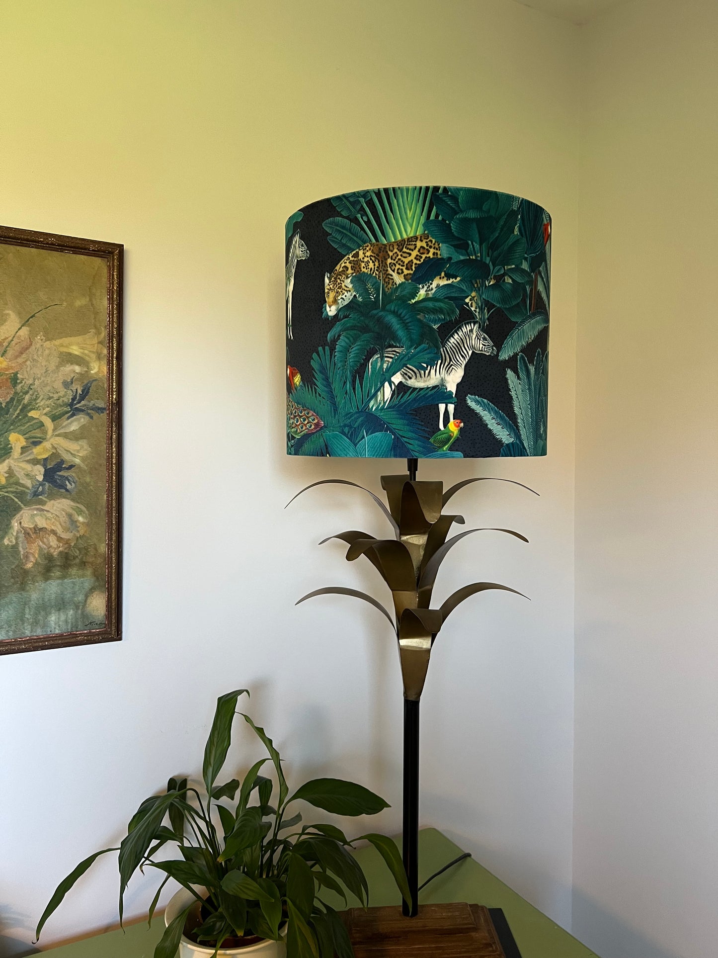 Jungle velvet in black, drum lampshade /ceiling shade with a white lining