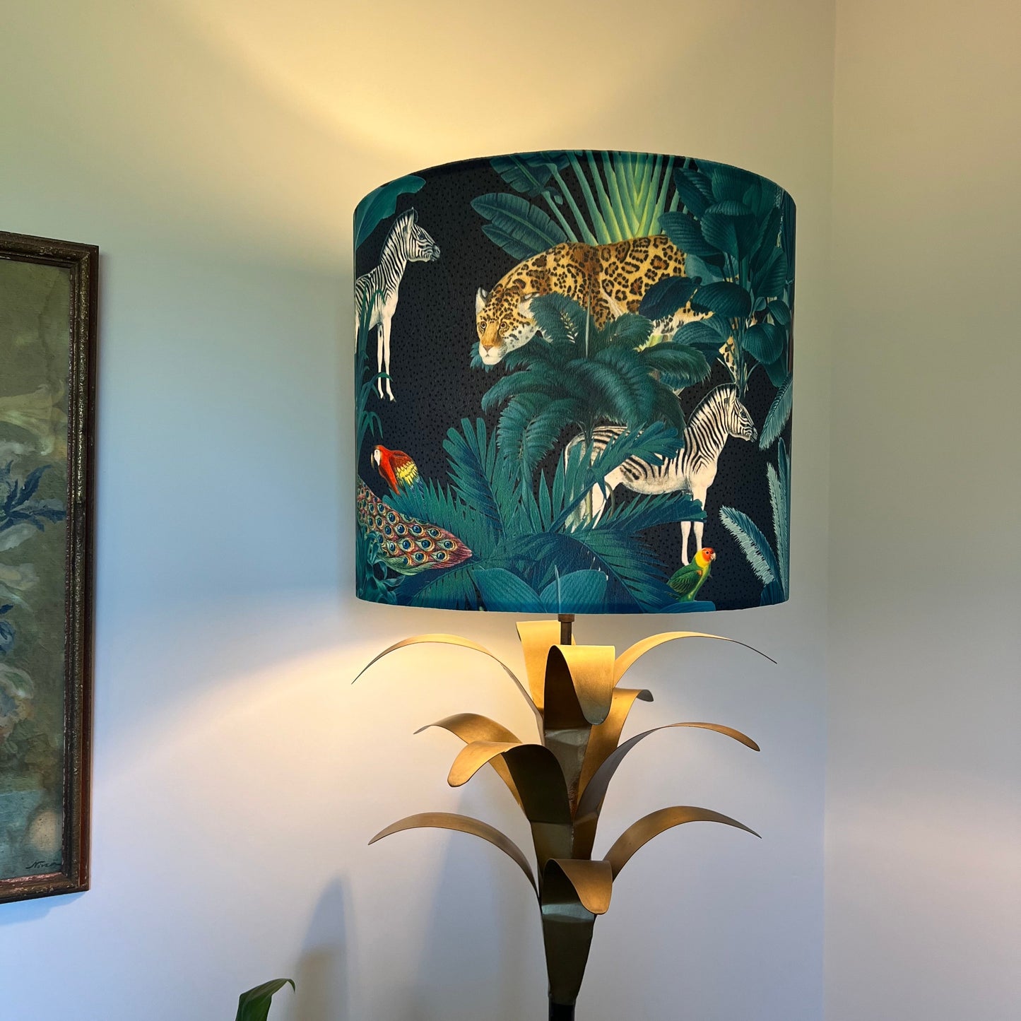 Jungle velvet in black, drum lampshade /ceiling shade with a white lining