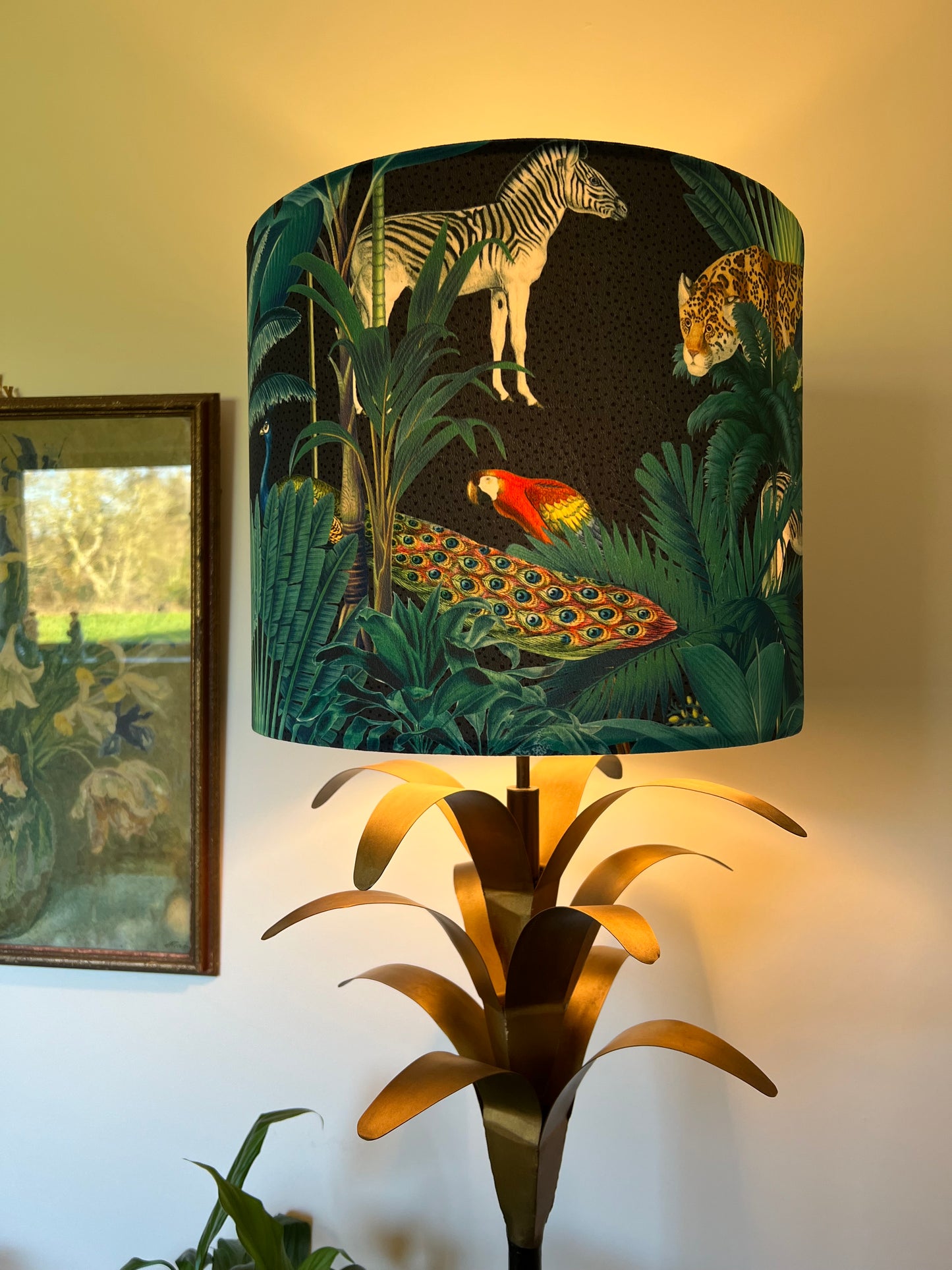 Jungle velvet in black, drum lampshade /ceiling shade with a white lining