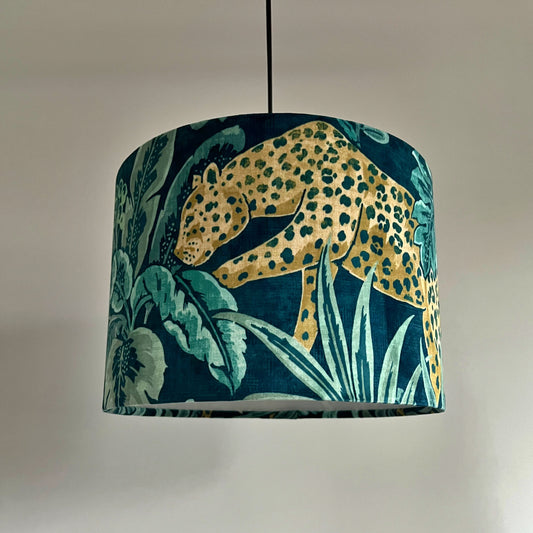 Leopard jungle velvet, drum lampshade /ceiling shade with a white lining