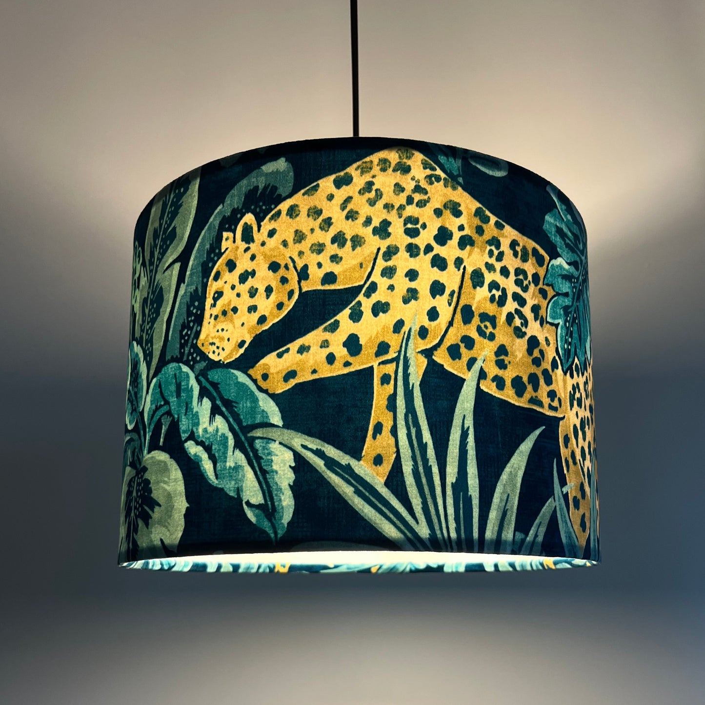 Leopard jungle velvet, drum lampshade /ceiling shade with a white lining