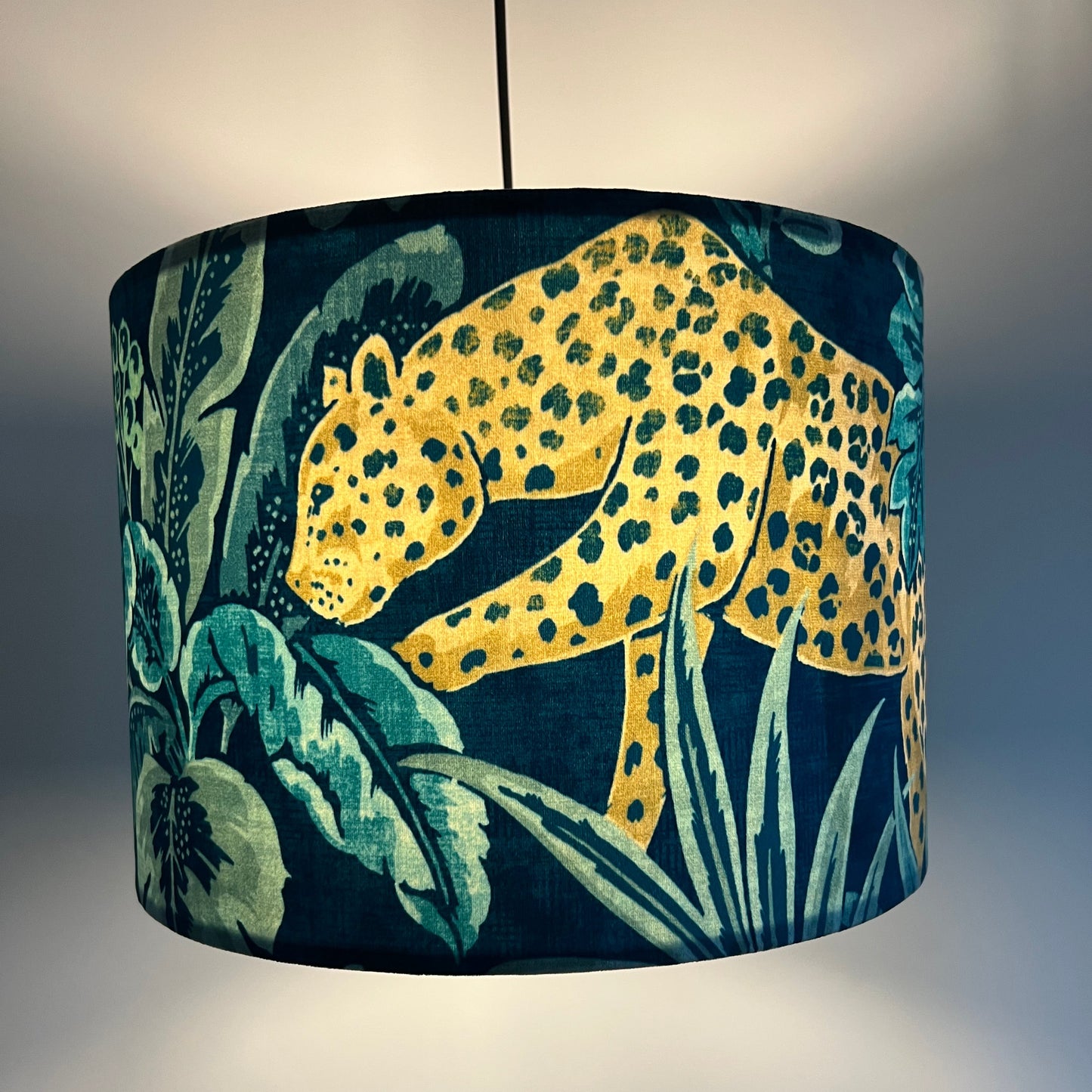 Leopard jungle velvet, drum lampshade /ceiling shade with a white lining