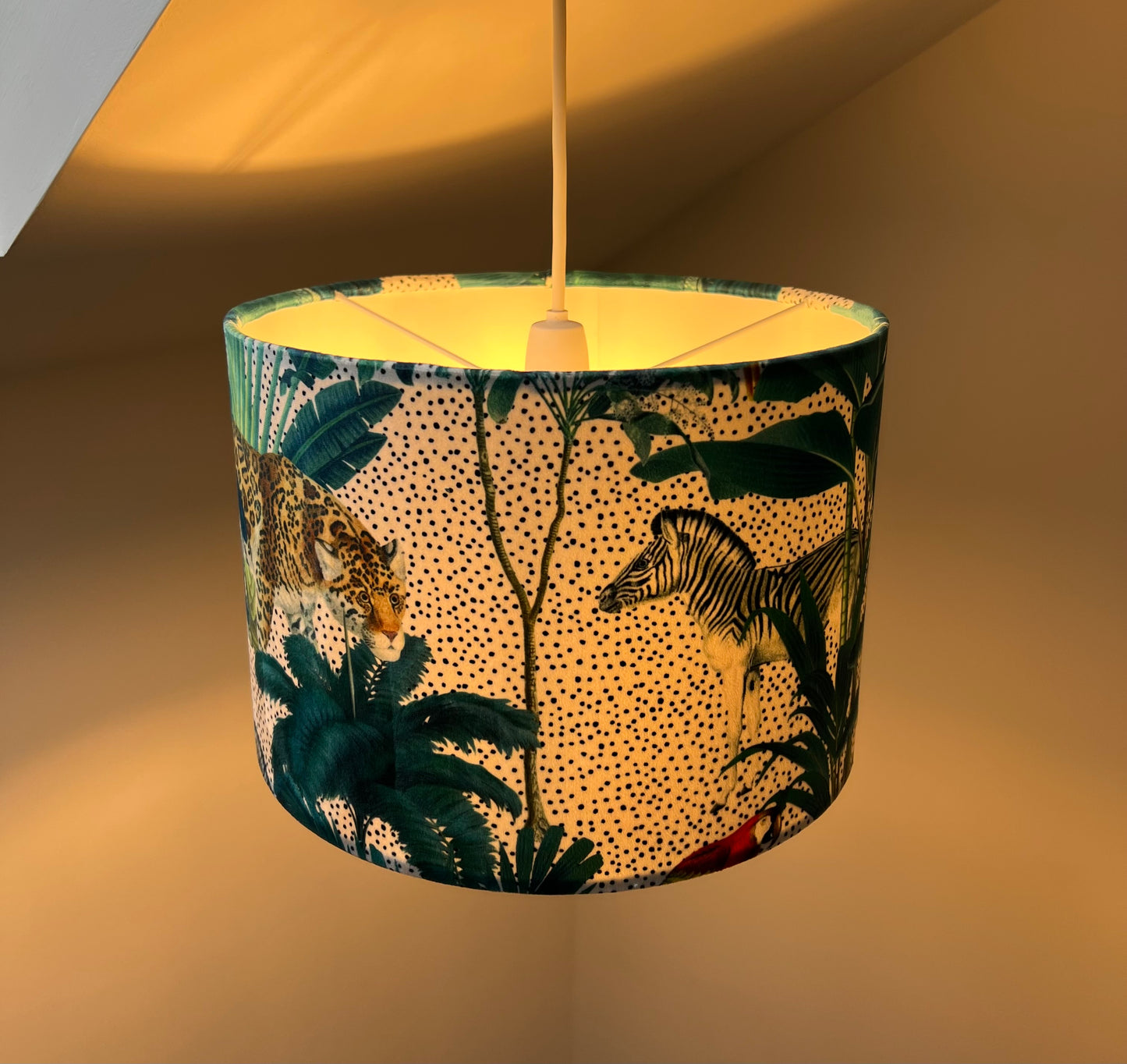 Jungle velvet in white, drum lampshade /ceiling shade with a white lining