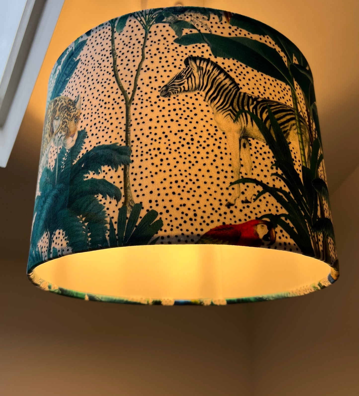 Jungle velvet in white, drum lampshade /ceiling shade with a white lining