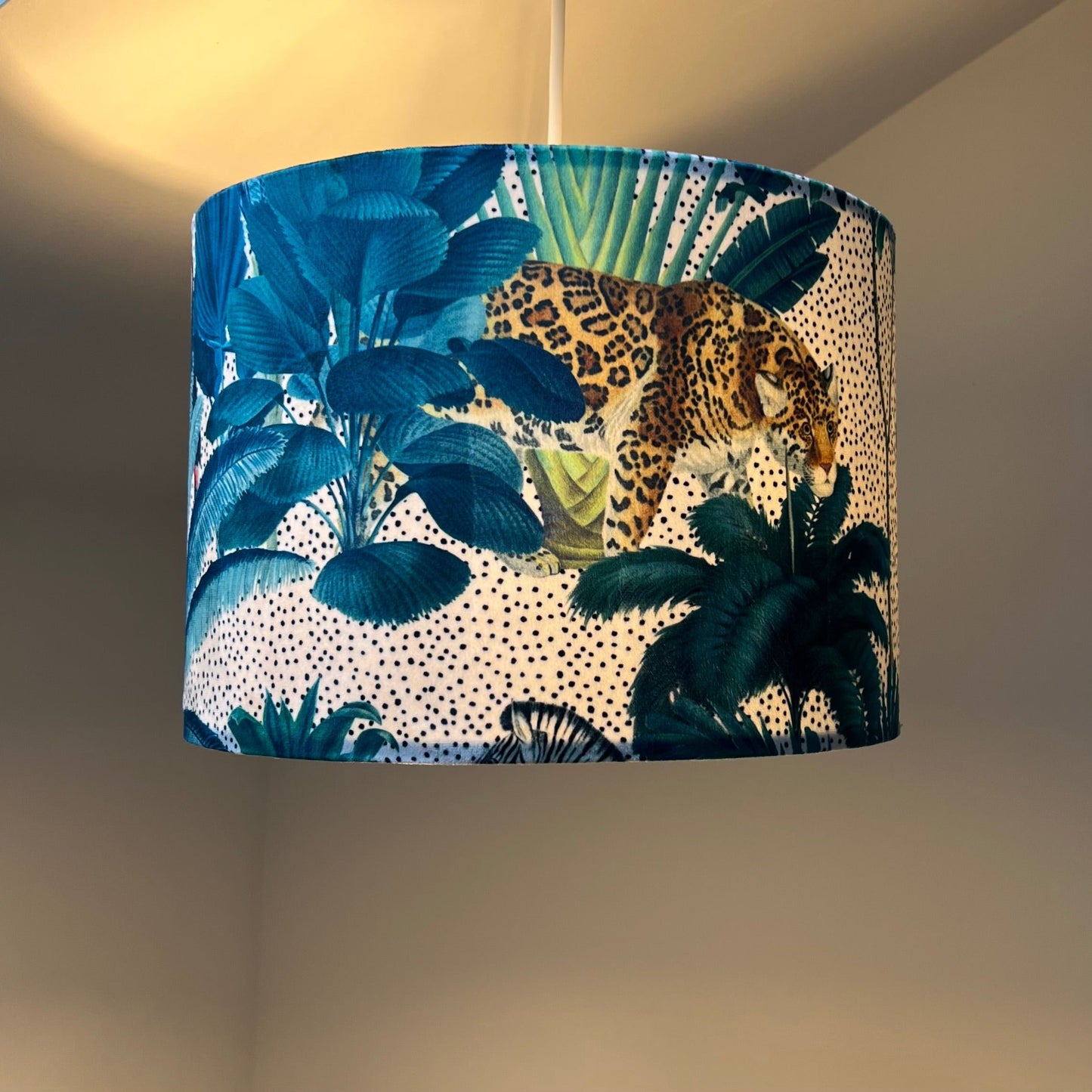 Jungle velvet in white, drum lampshade /ceiling shade with a white lining