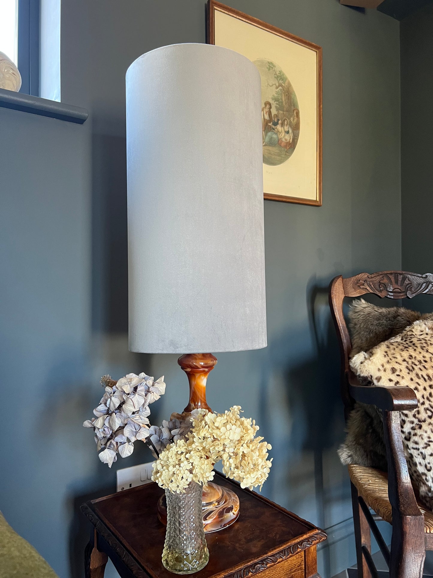 Grey velvet cylinder lampshade, extra tall lampshade