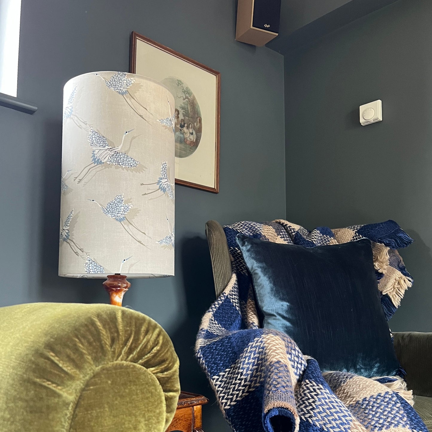 Flying birds in cream cylinder lampshade, in cotton, extra tall lampshade