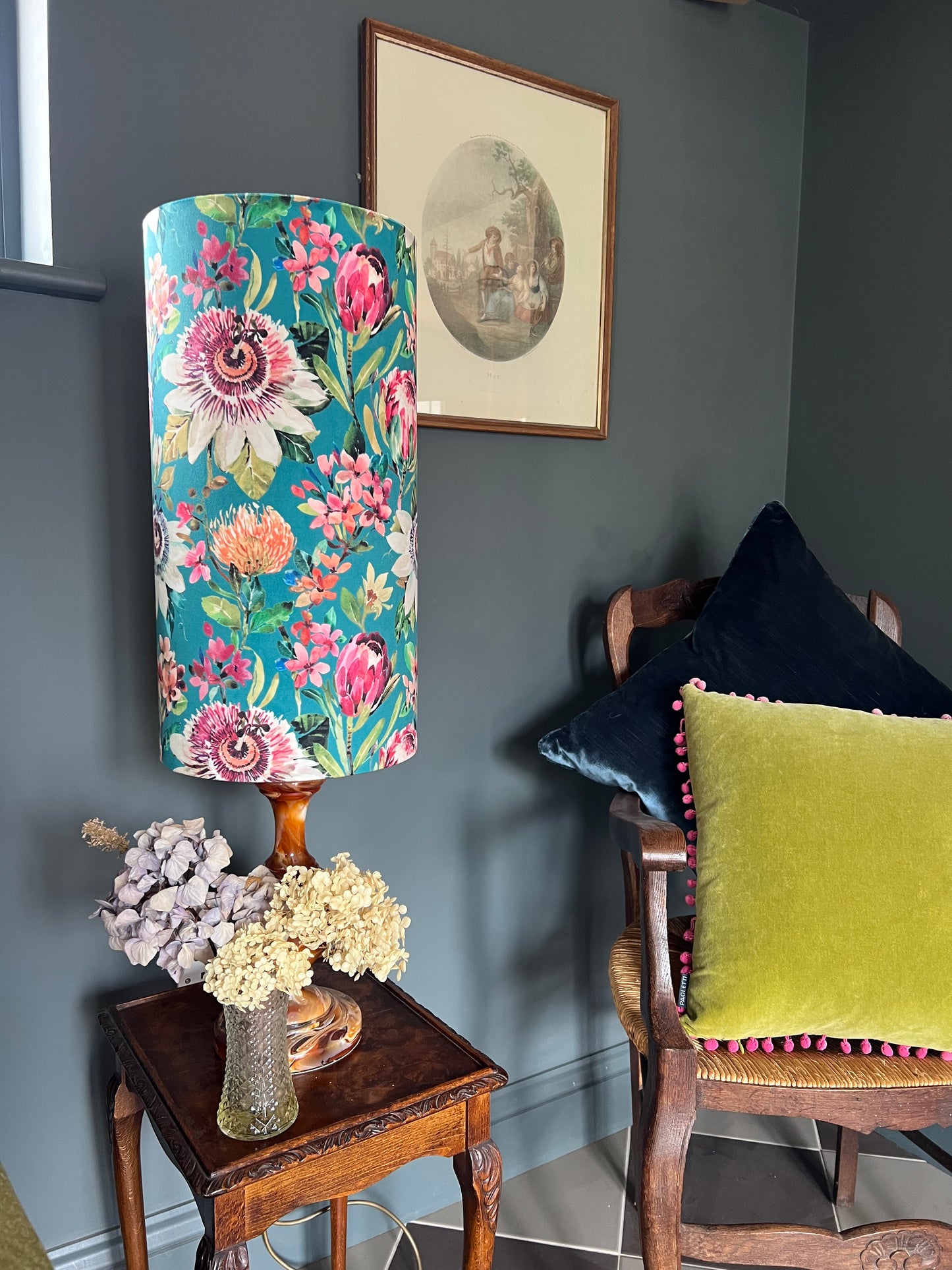 Summer garden Velvet cylinder lampshade, in teal, extra tall lampshade