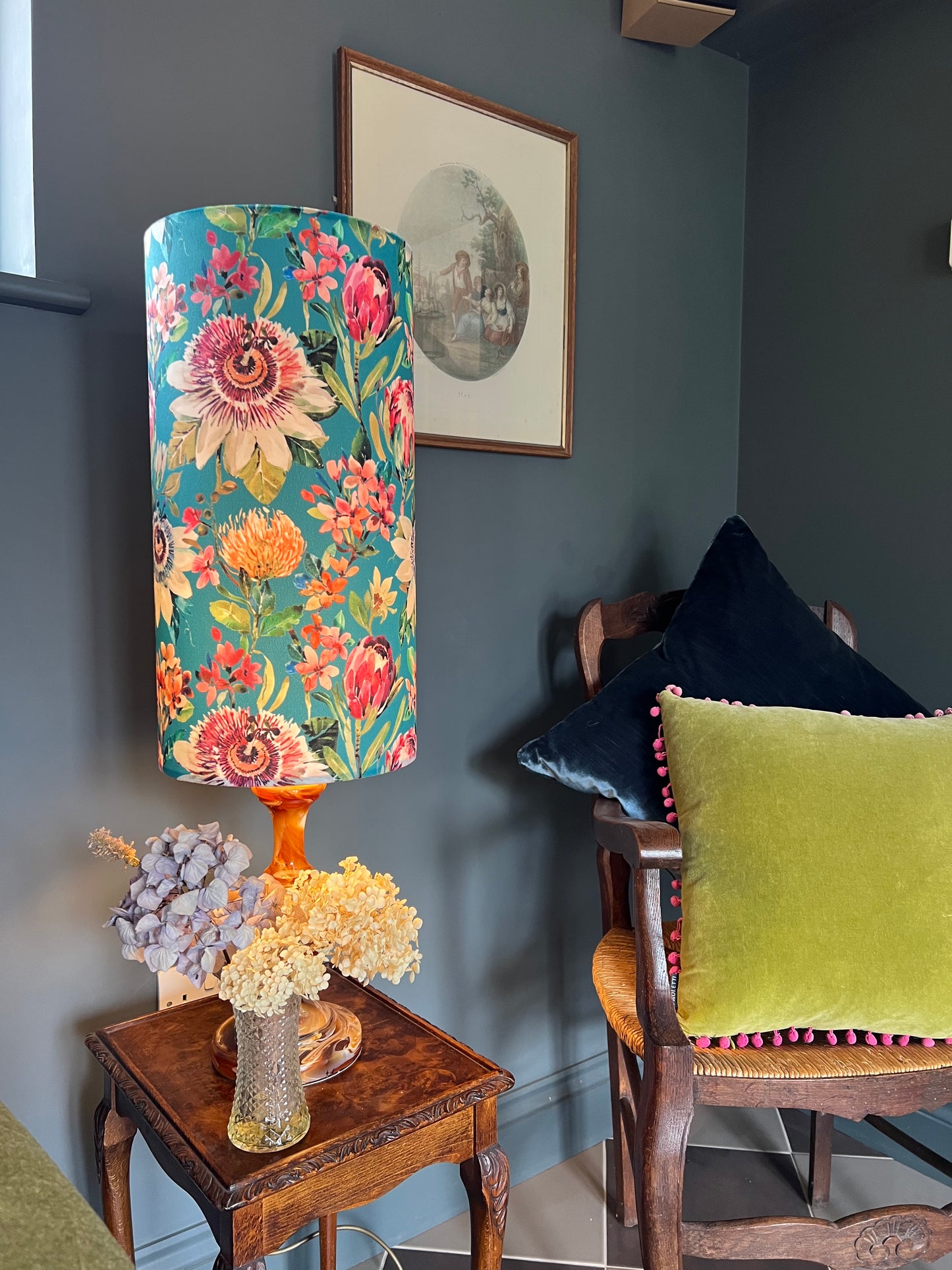 Summer garden Velvet cylinder lampshade, in teal, extra tall lampshade