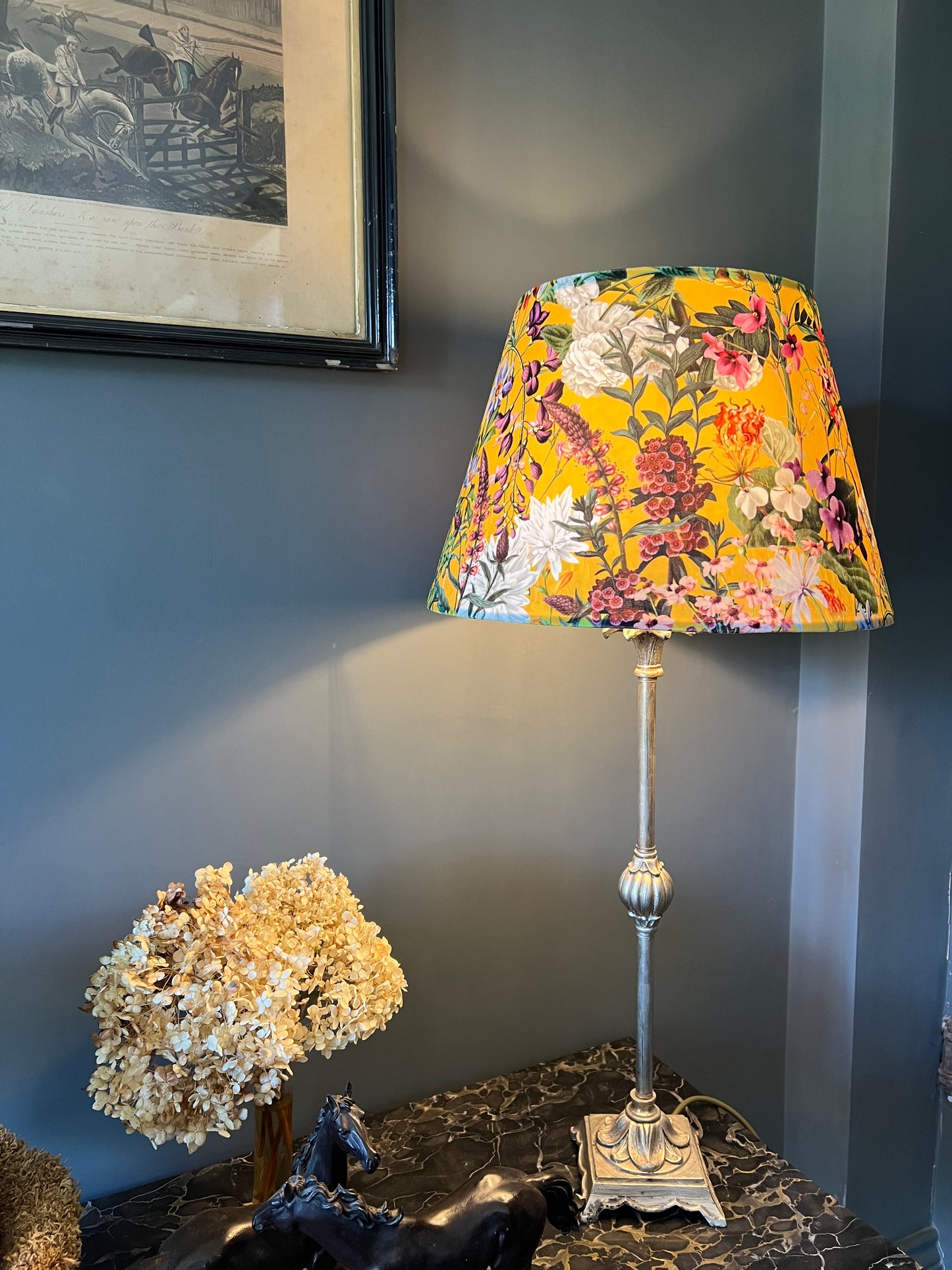 Mustard flowers velvet coolie lampshade/ ceiling shade, empire lampshade