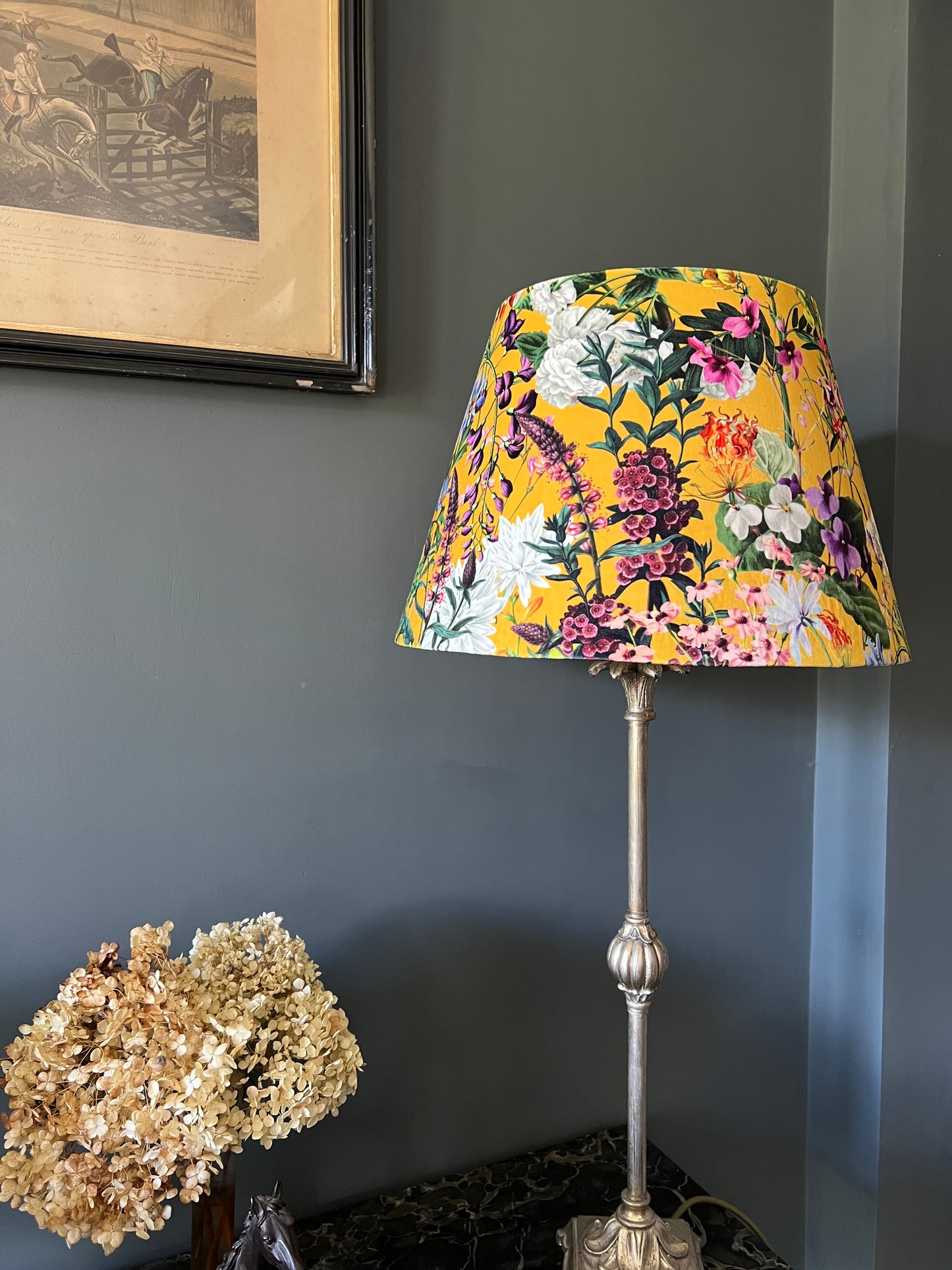 Mustard flowers velvet coolie lampshade/ ceiling shade, empire lampshade