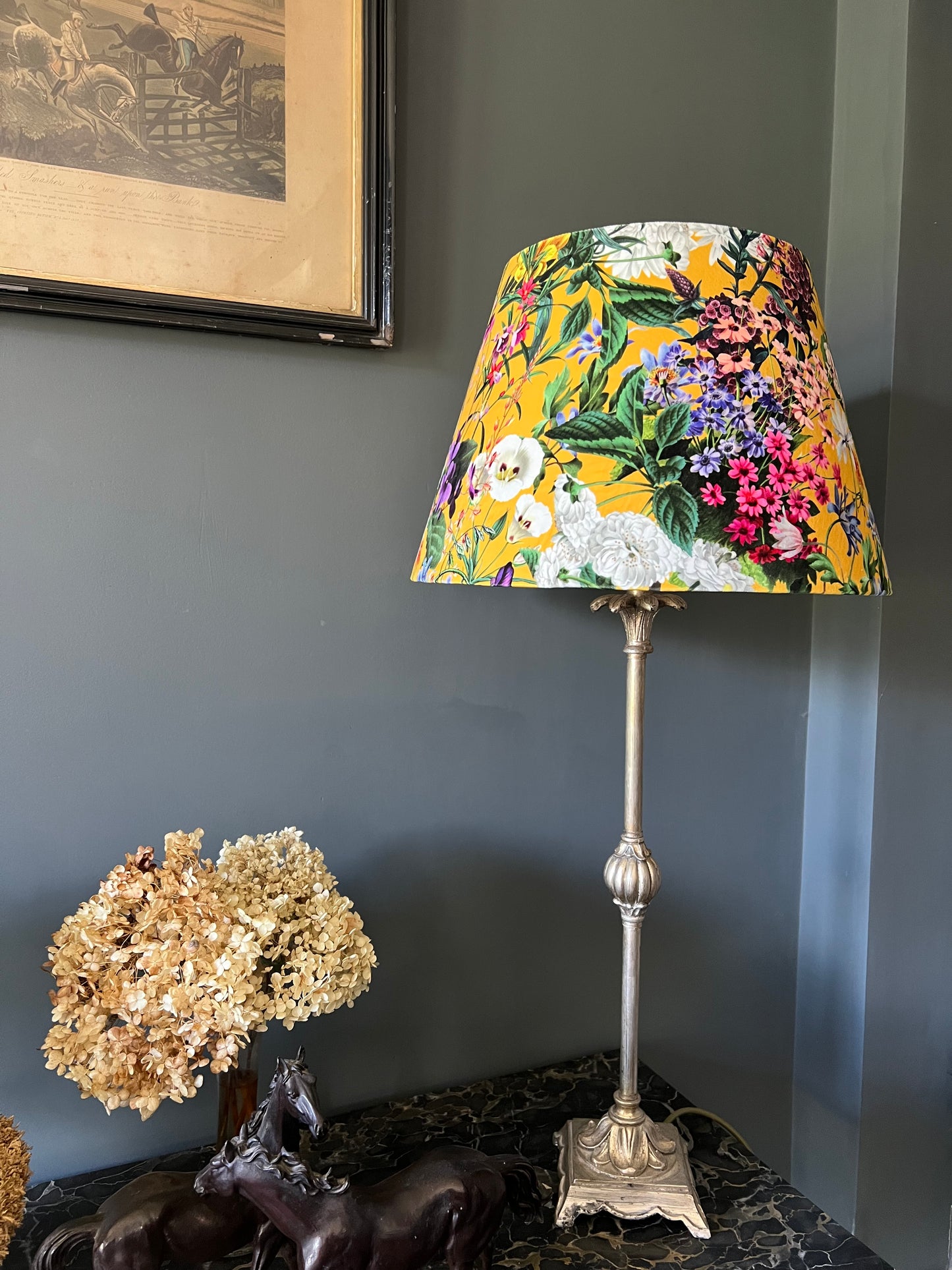 Mustard flowers velvet coolie lampshade/ ceiling shade, empire lampshade