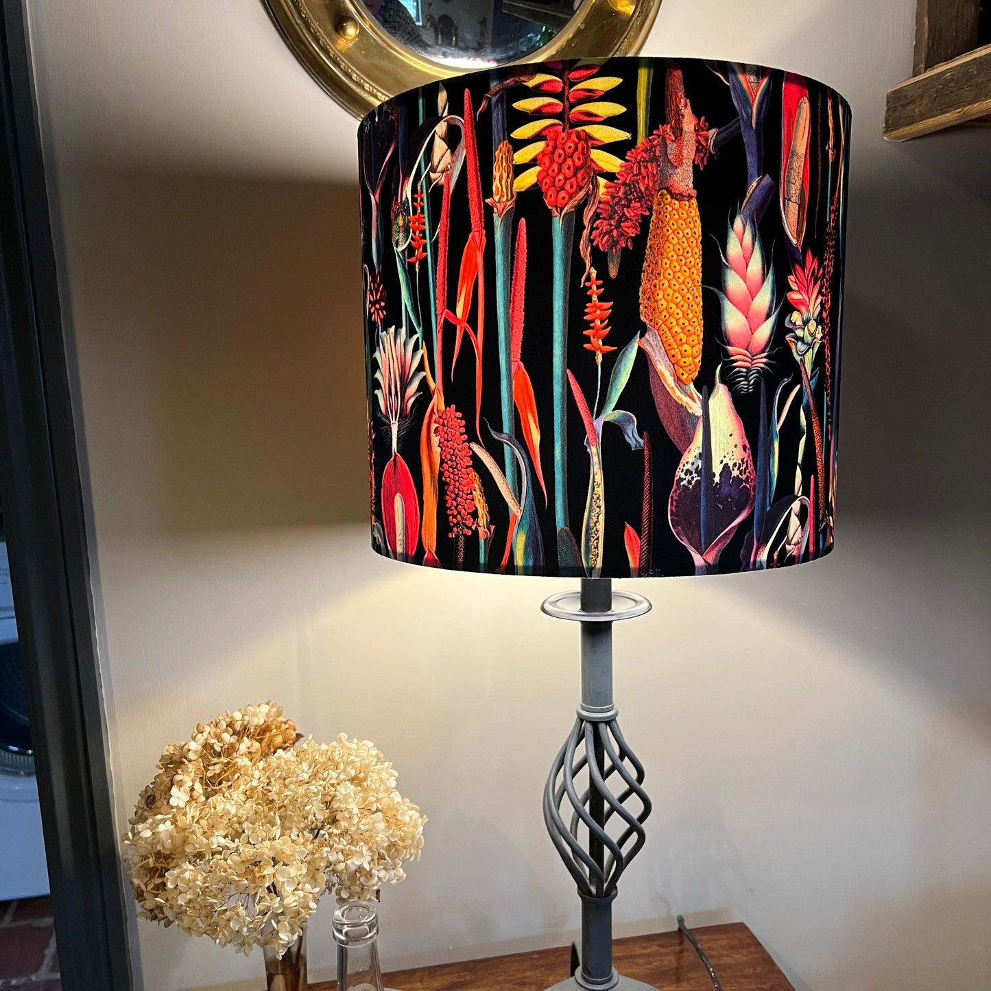 Black botanical velvet drum lampshade /ceiling shade with a white lining