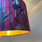 Cerise pink botanical velvet drum lampshade / ceiling shade, with a metallic brushed gold lining