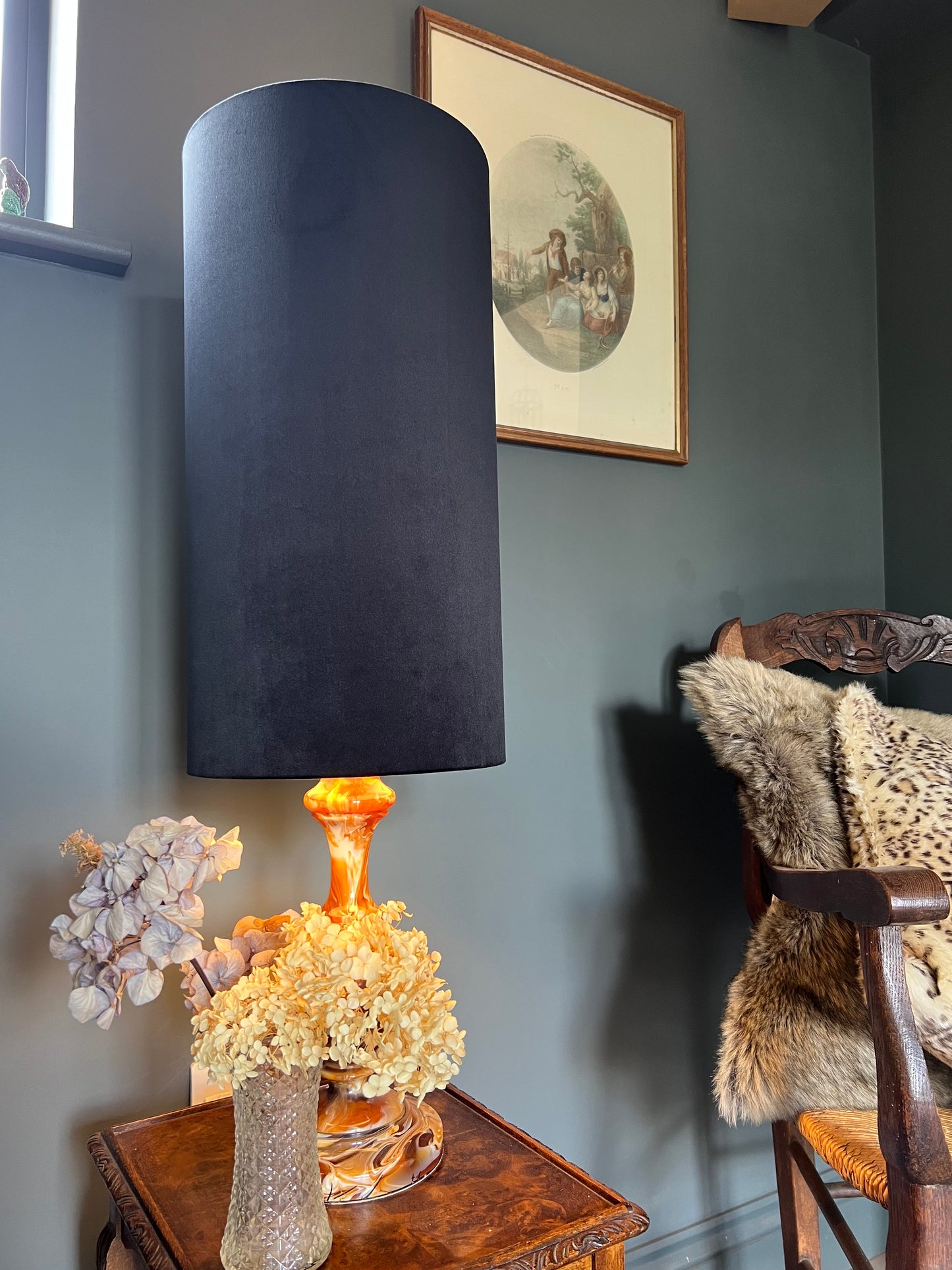 Black velvet cylinder lampshade, extra tall lampshade