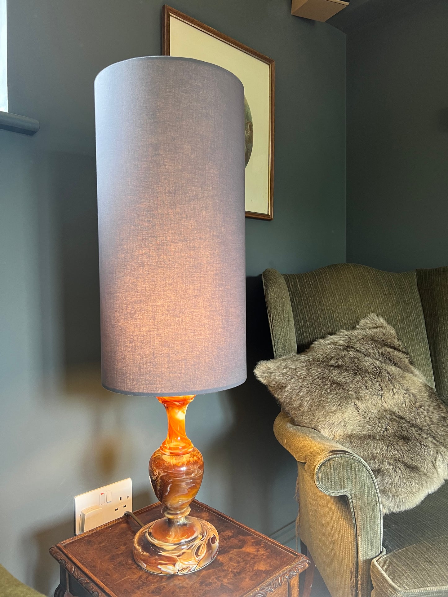 Grey cotton cylinder lampshade, extra tall lampshade