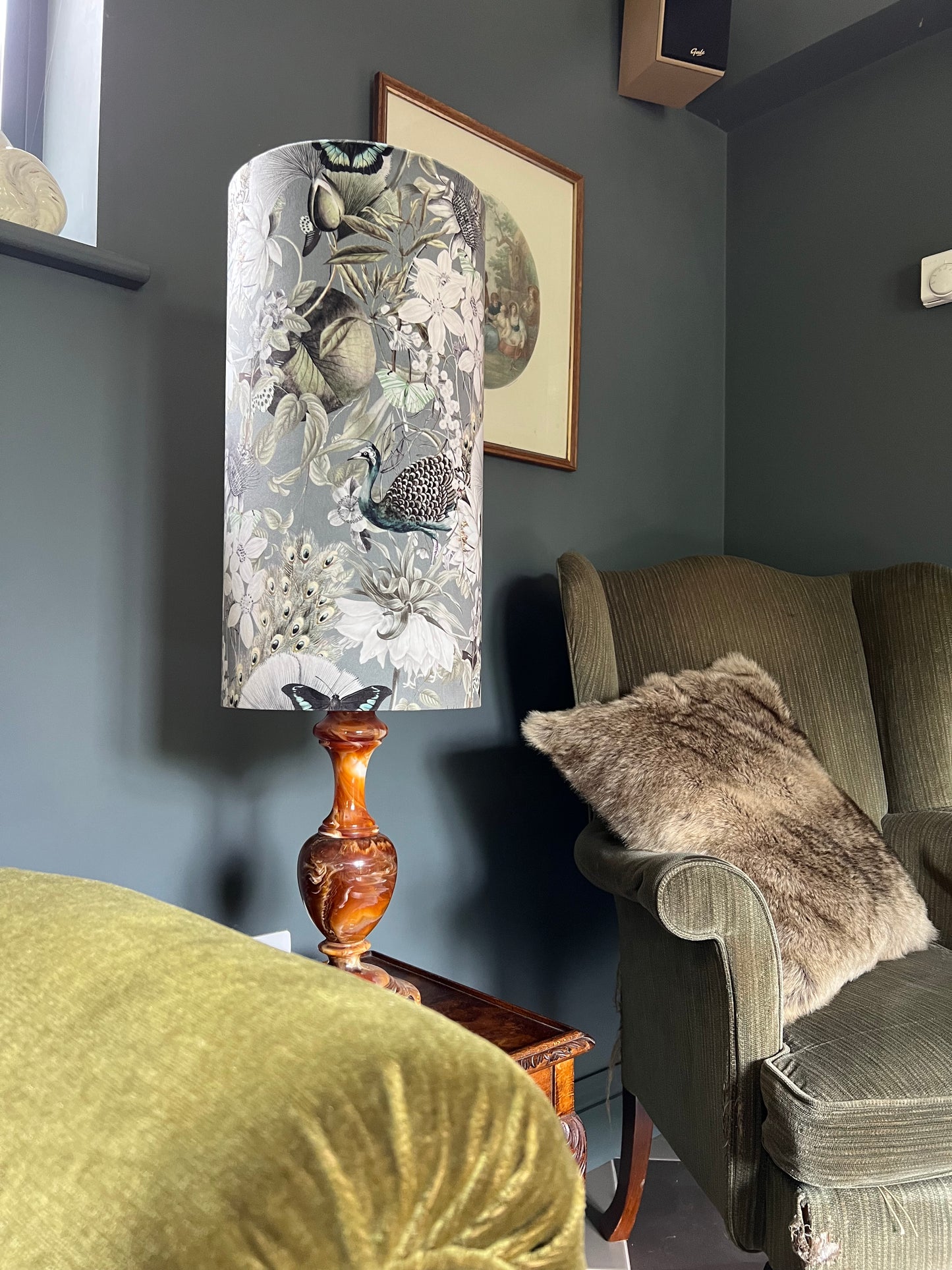 Peacock, butterfly Velvet cylinder lampshade, in grey, extra tall lampshade