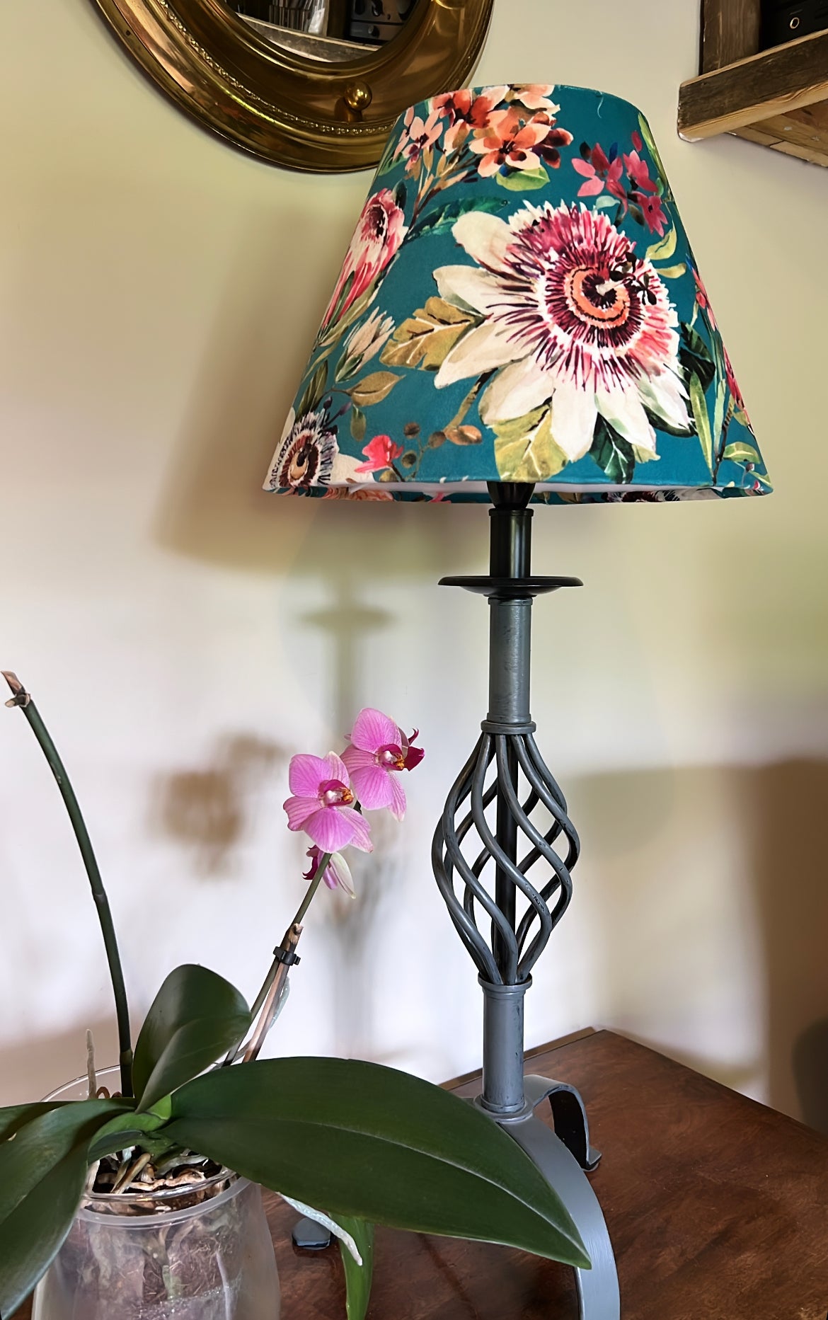 Floral summer garden velvet coolie lampshade/ ceiling light shade, empire lampshade, teal