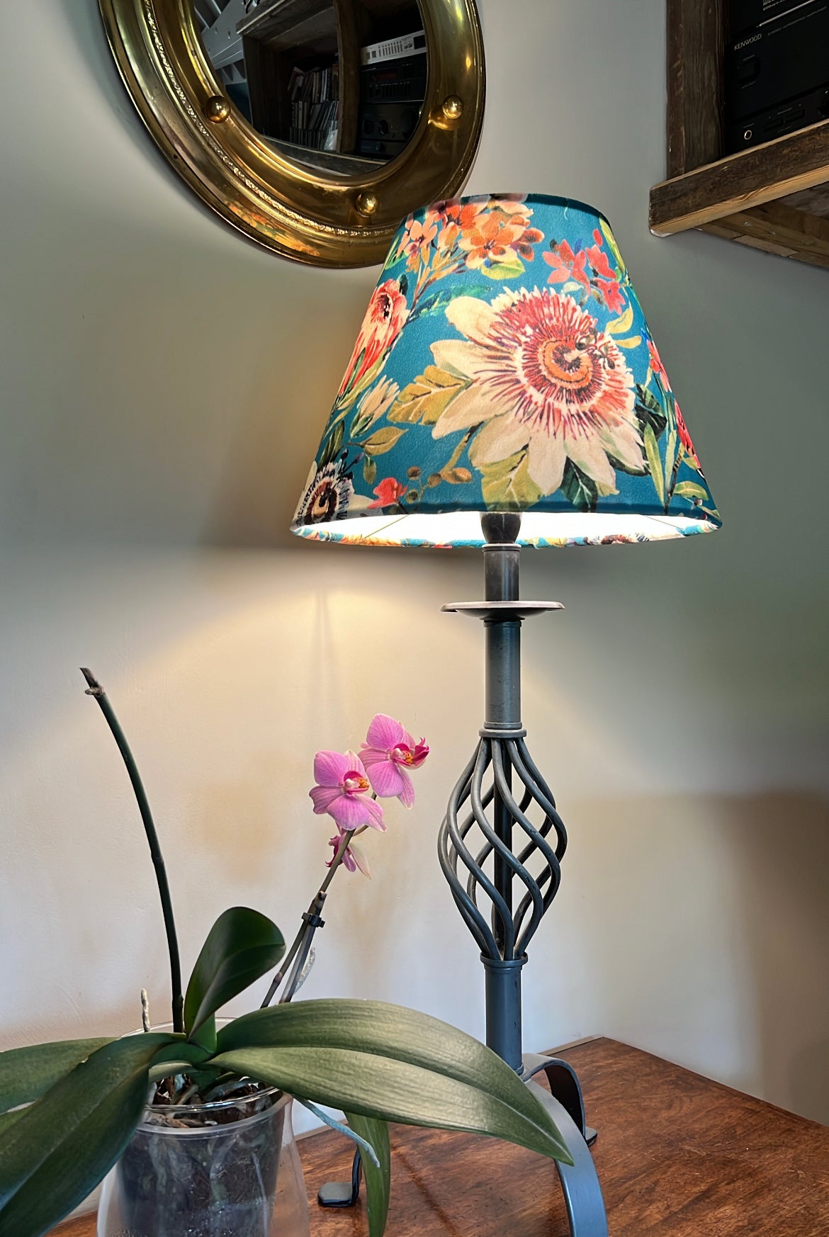 Floral summer garden velvet coolie lampshade/ ceiling light shade, empire lampshade, teal