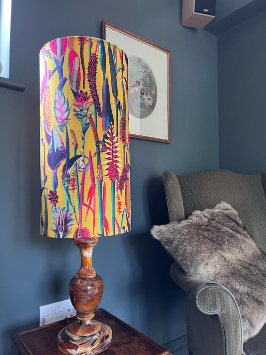 Botanical mustard velvet cylinder lampshade, extra tall lampshade