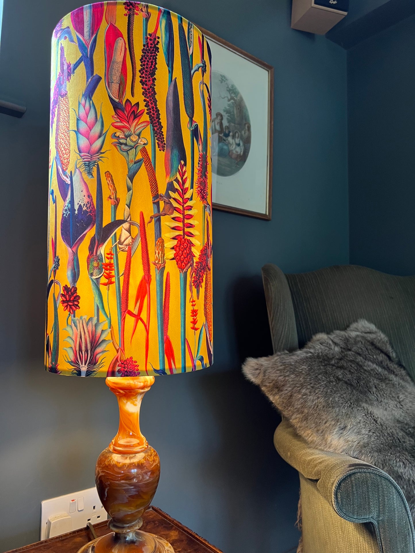 Botanical mustard velvet cylinder lampshade, extra tall lampshade